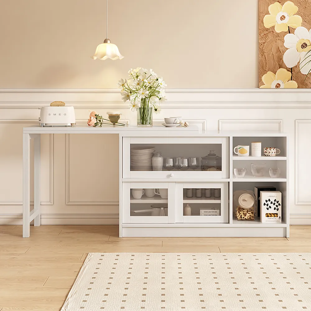 Extendable Storage Sideboard Cabinet with Foldable Dining Table - White, Wood product