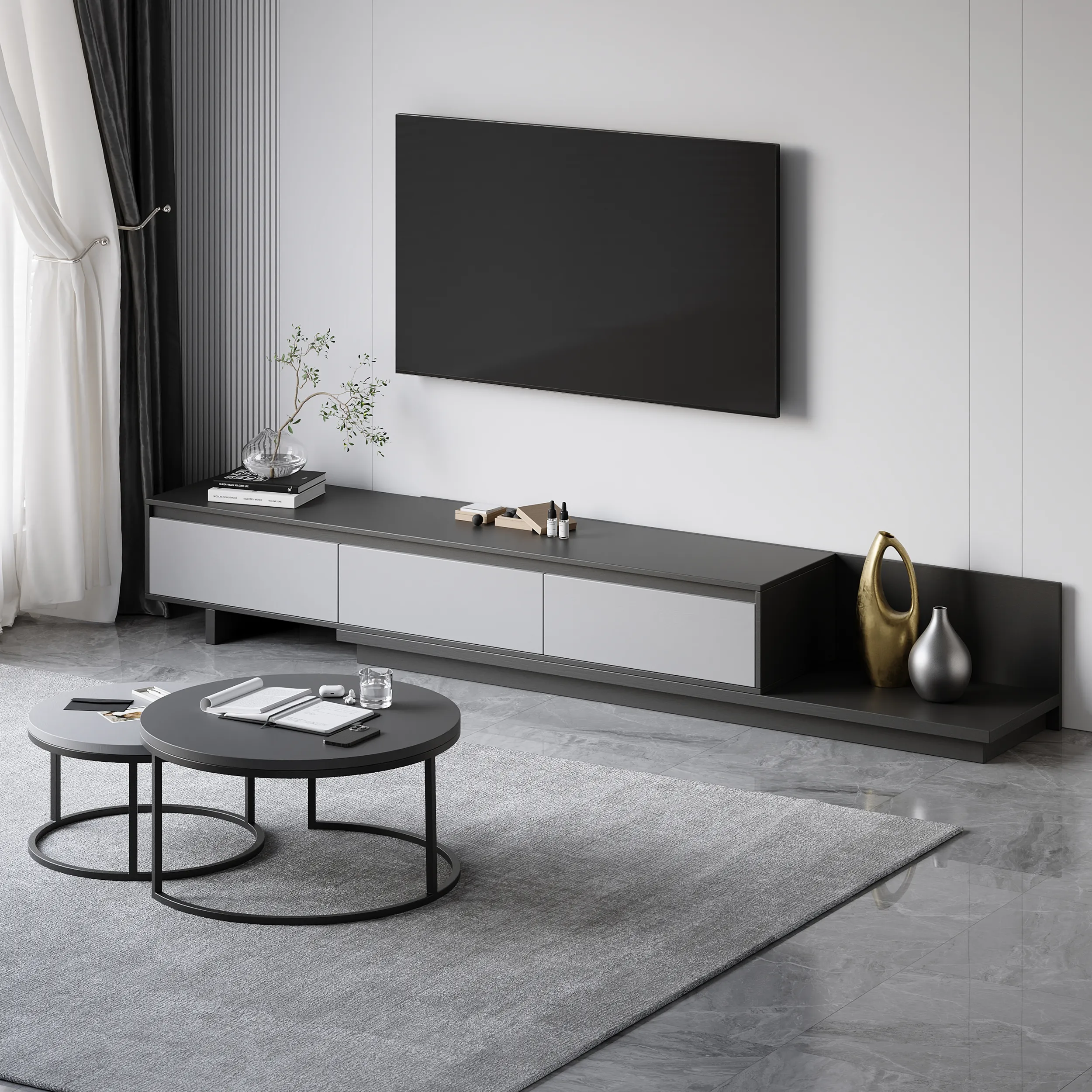 Extendable TV Stand & Round Nesting Coffee Table Set - Grey product