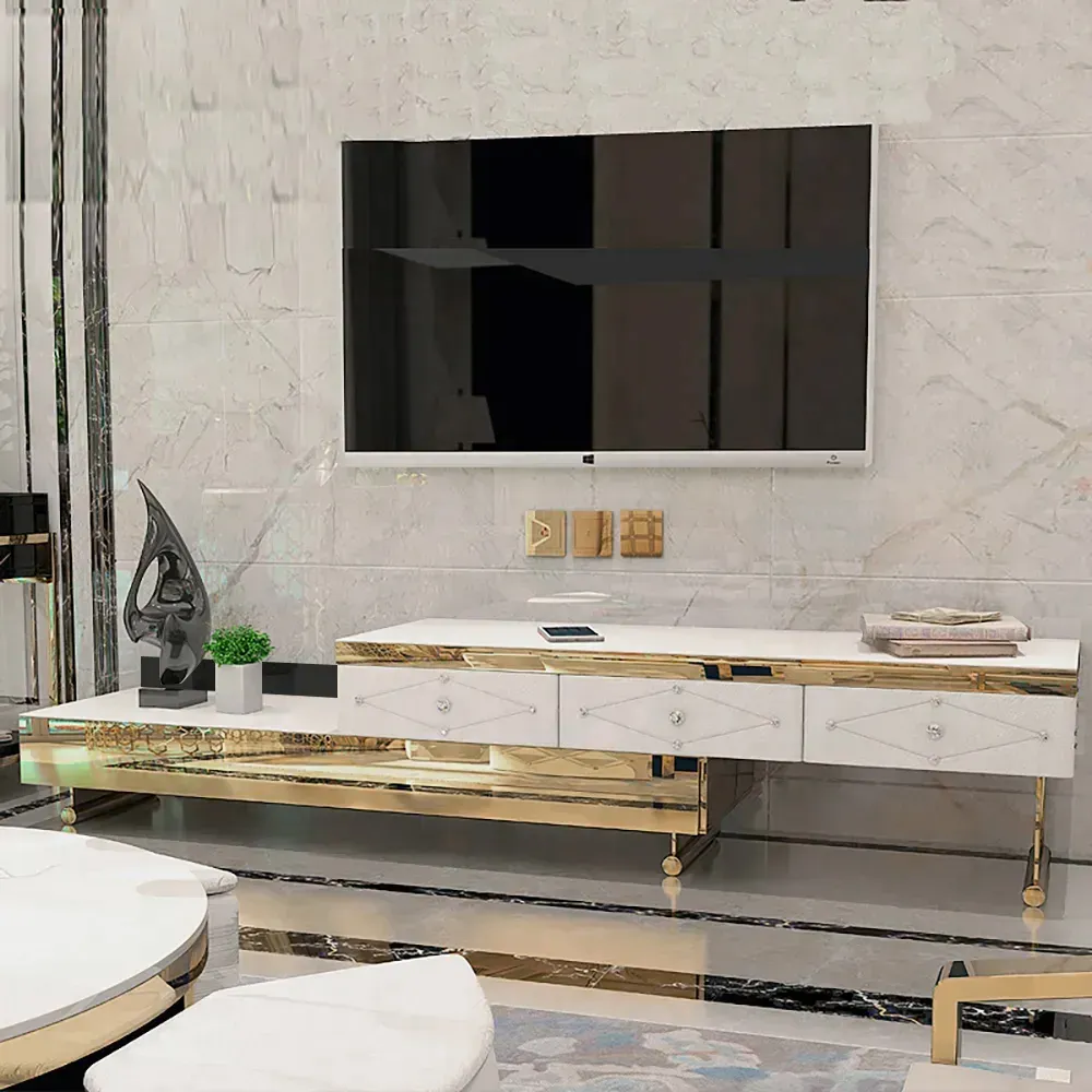 Extendable TV Stand with 3 Drawers - White, Tempered Glass product