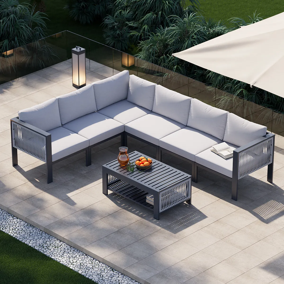Fencura 7-Piece Modular Sectional Set - Light Grey, Aluminium & Rope product