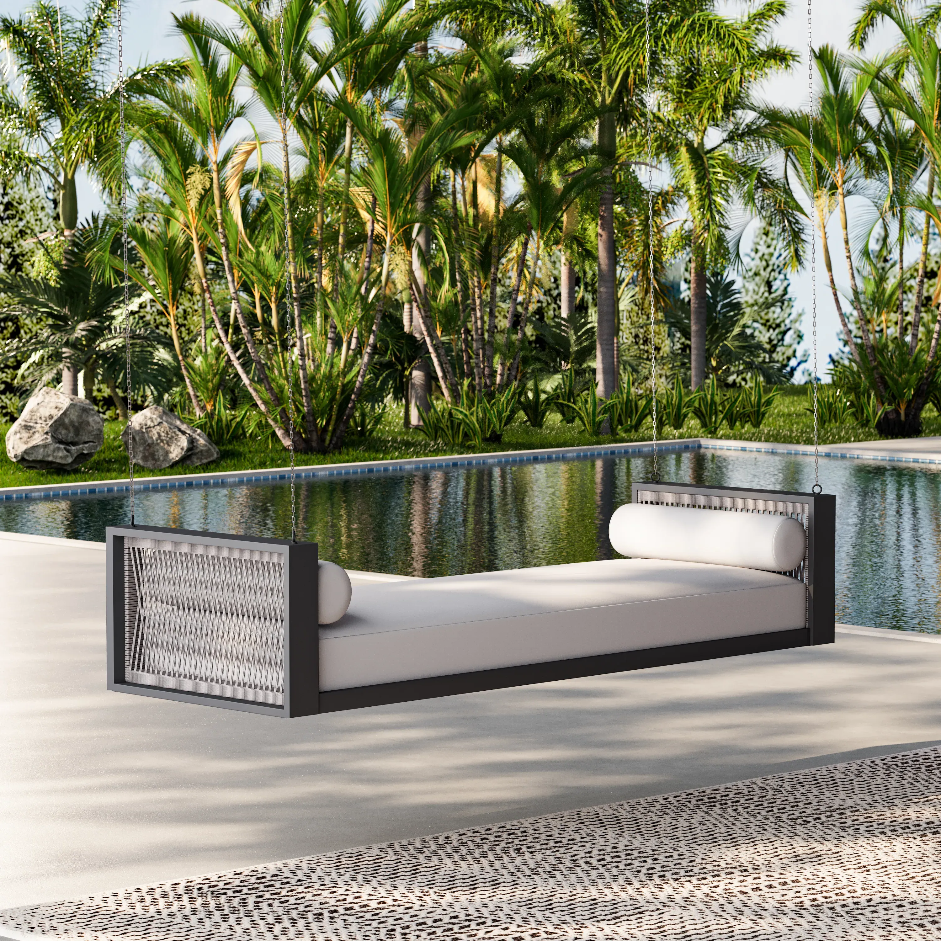 Fencura Patio Hanging Daybed Swing with Cushions - Light Grey, Rope product