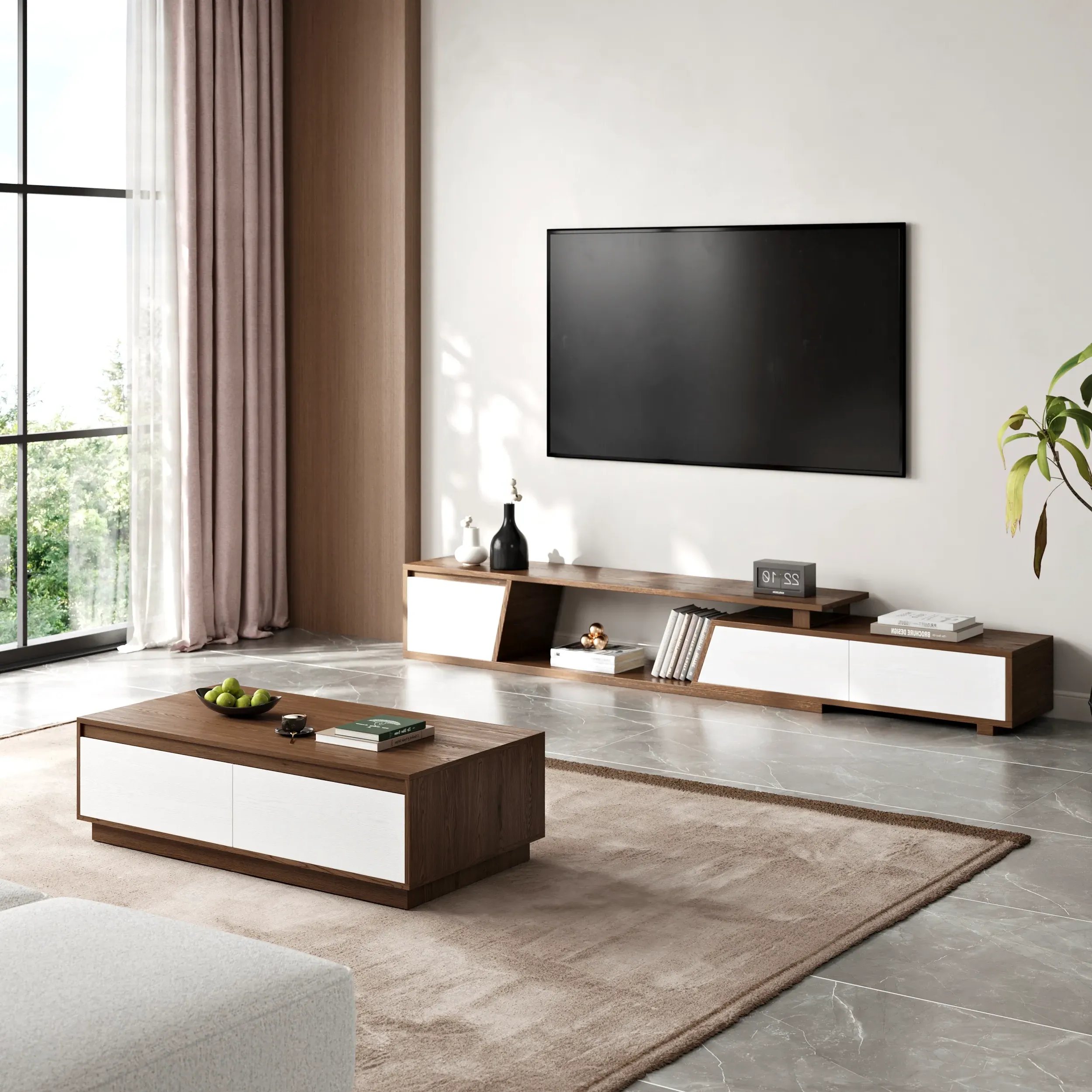 Fero Extendable TV Stand & Coffee Table Set - White, Walnut product