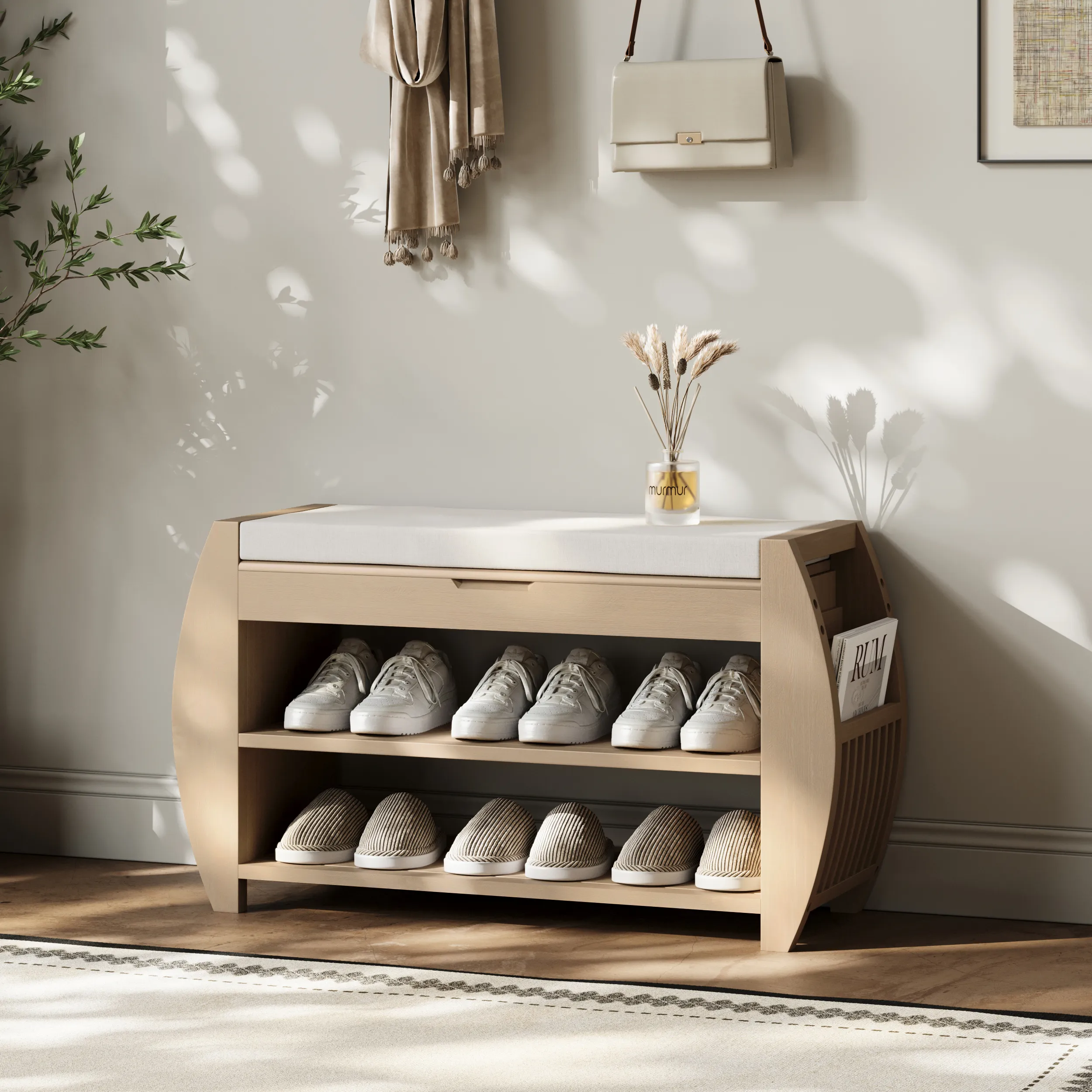 Flip-Top Entryway Bench with Shoe Rack - Whitewash, Wood Veneer product