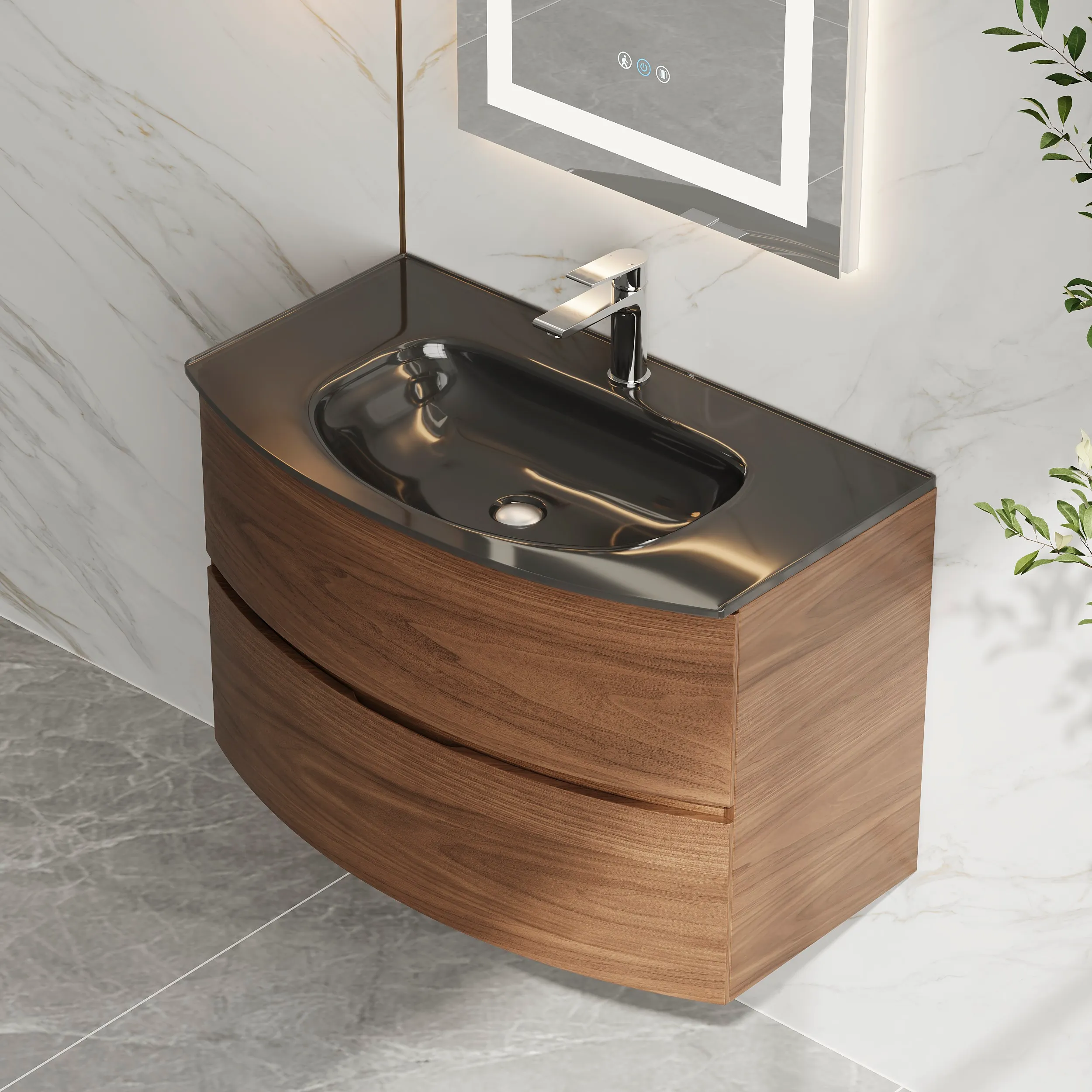 Floating Bathroom Vanity 2 Drawers with Glass Basin - Walnut product