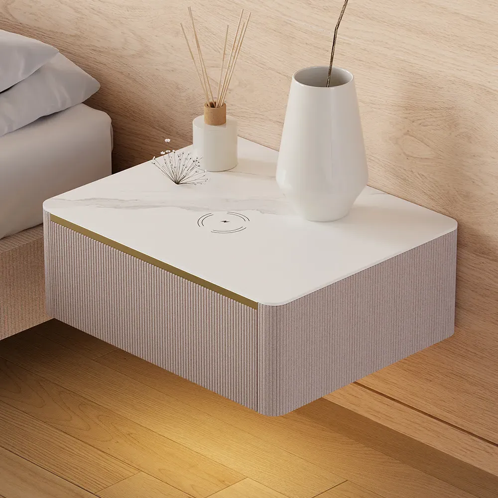 Floating Corduroy Bedside Table with Light - Beige product