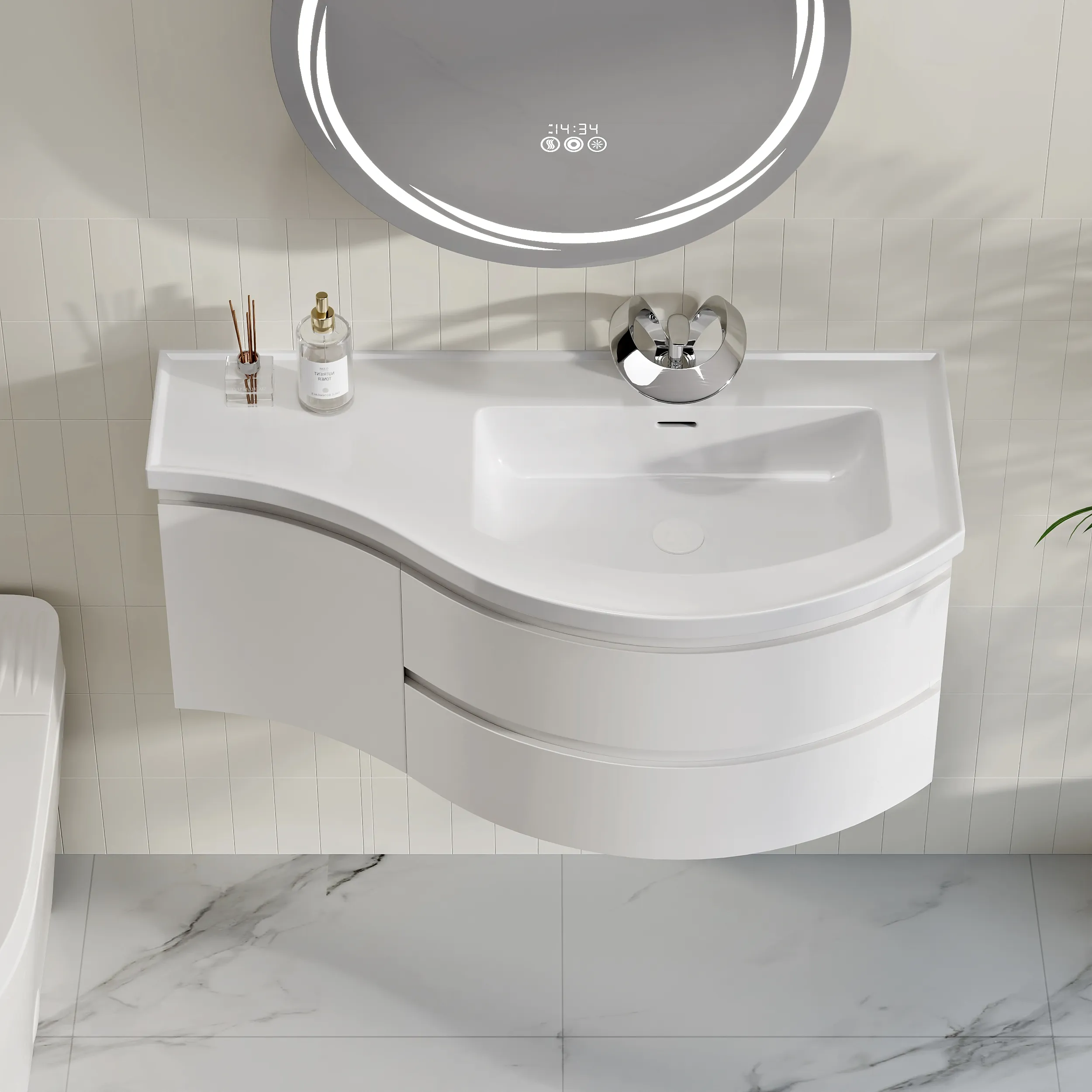 Floating Curved Bathroom Vanity Single Sink with Storage - Matte White product