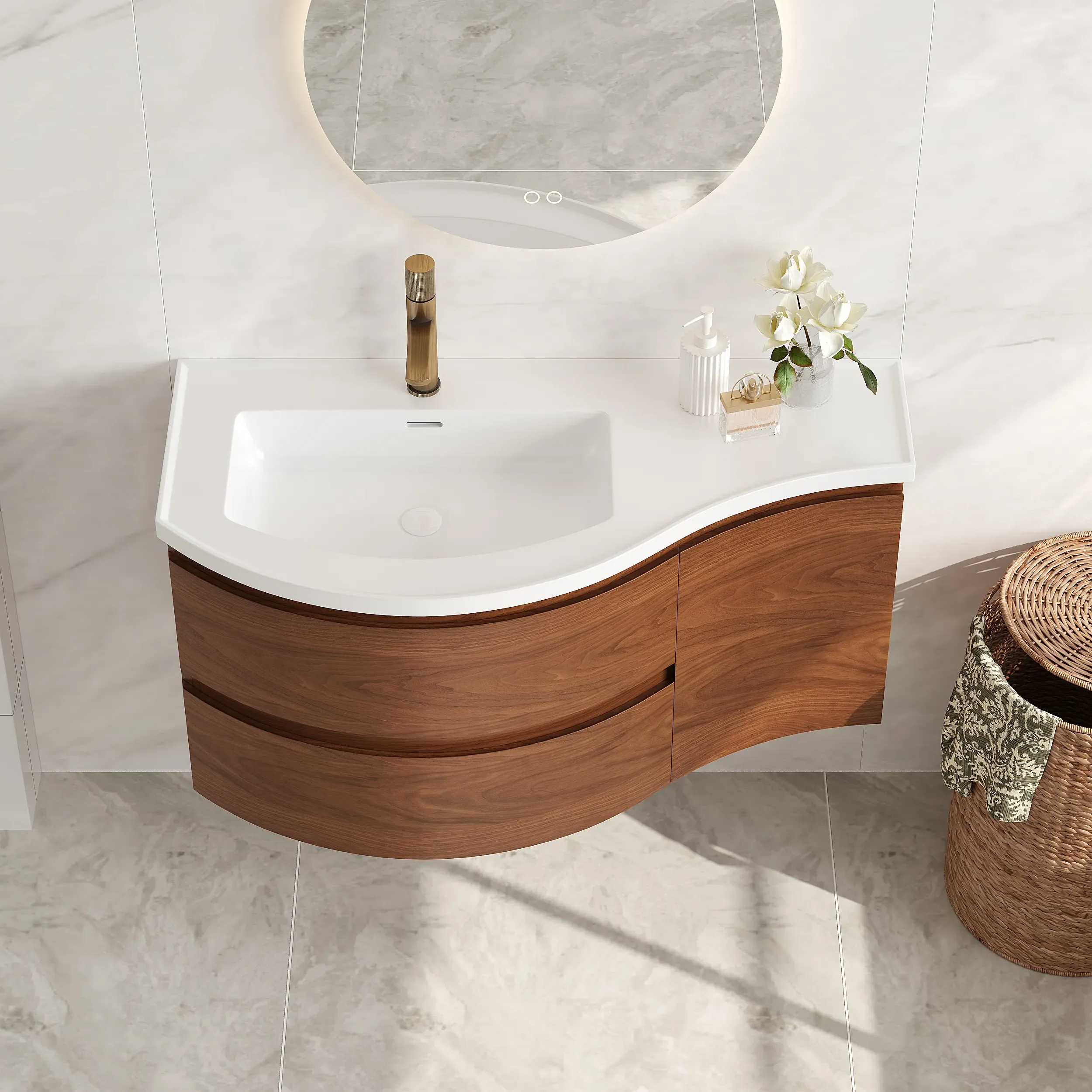 Floating Curved Half-Circle Bathroom Vanity - Walnut product