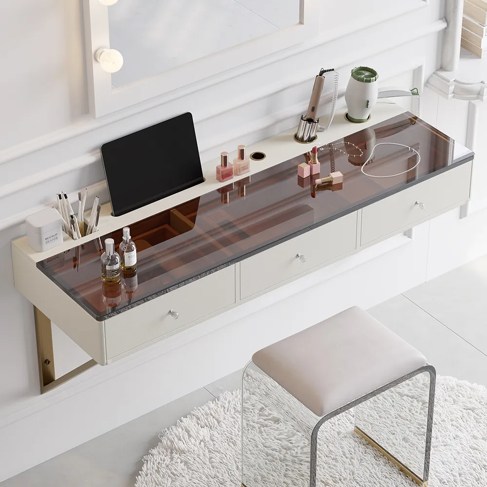 Floating Dressing Table with Drawers & Tempered Glass Top - Warm White product