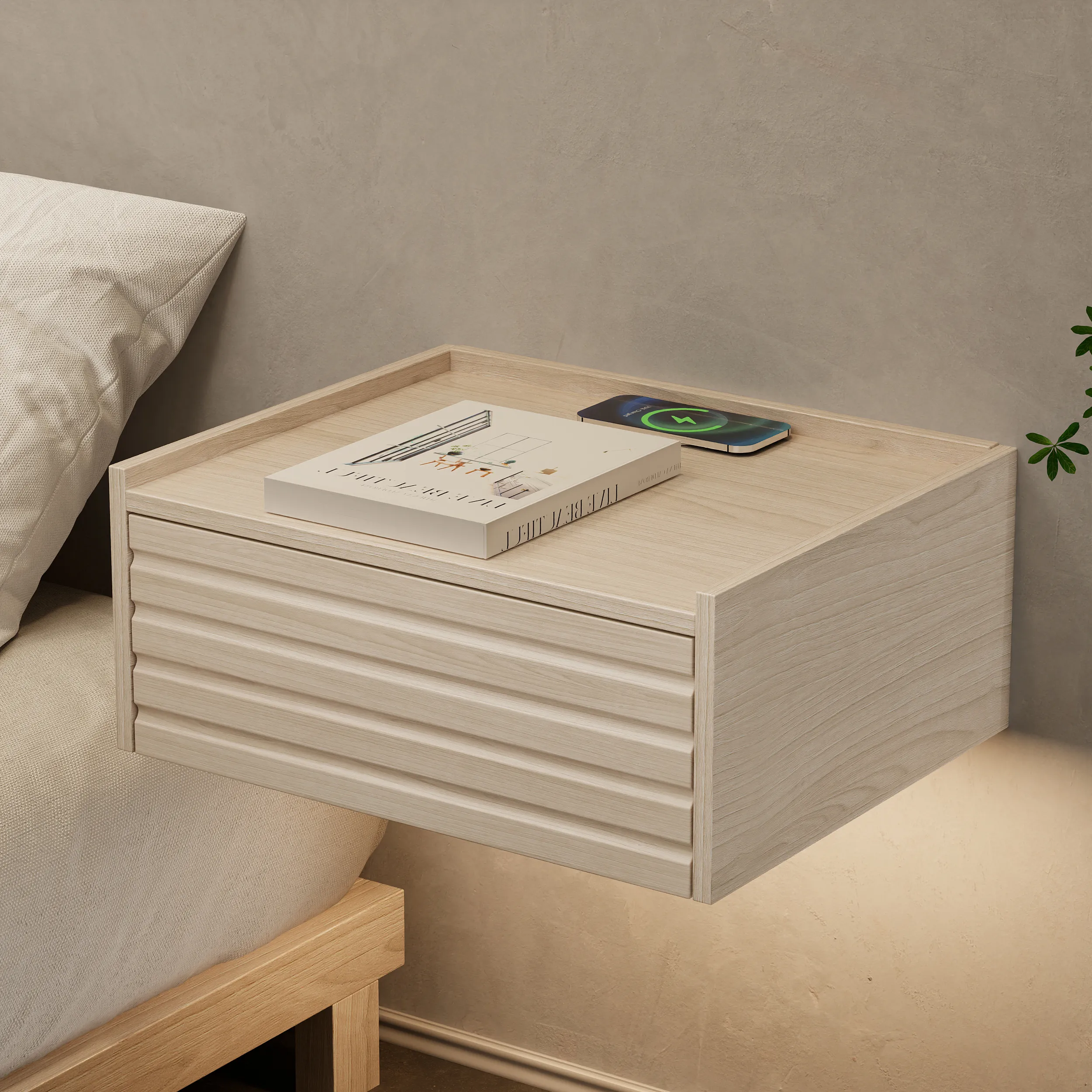 Floating Nightstand with Light & Charging Station - Whitewash product