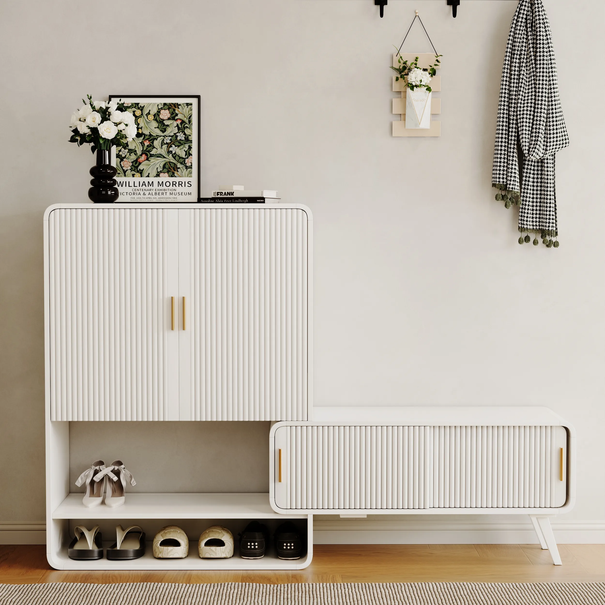 Fluted Entryway Shoe Cabinet Extendable with Bench - Warm White product