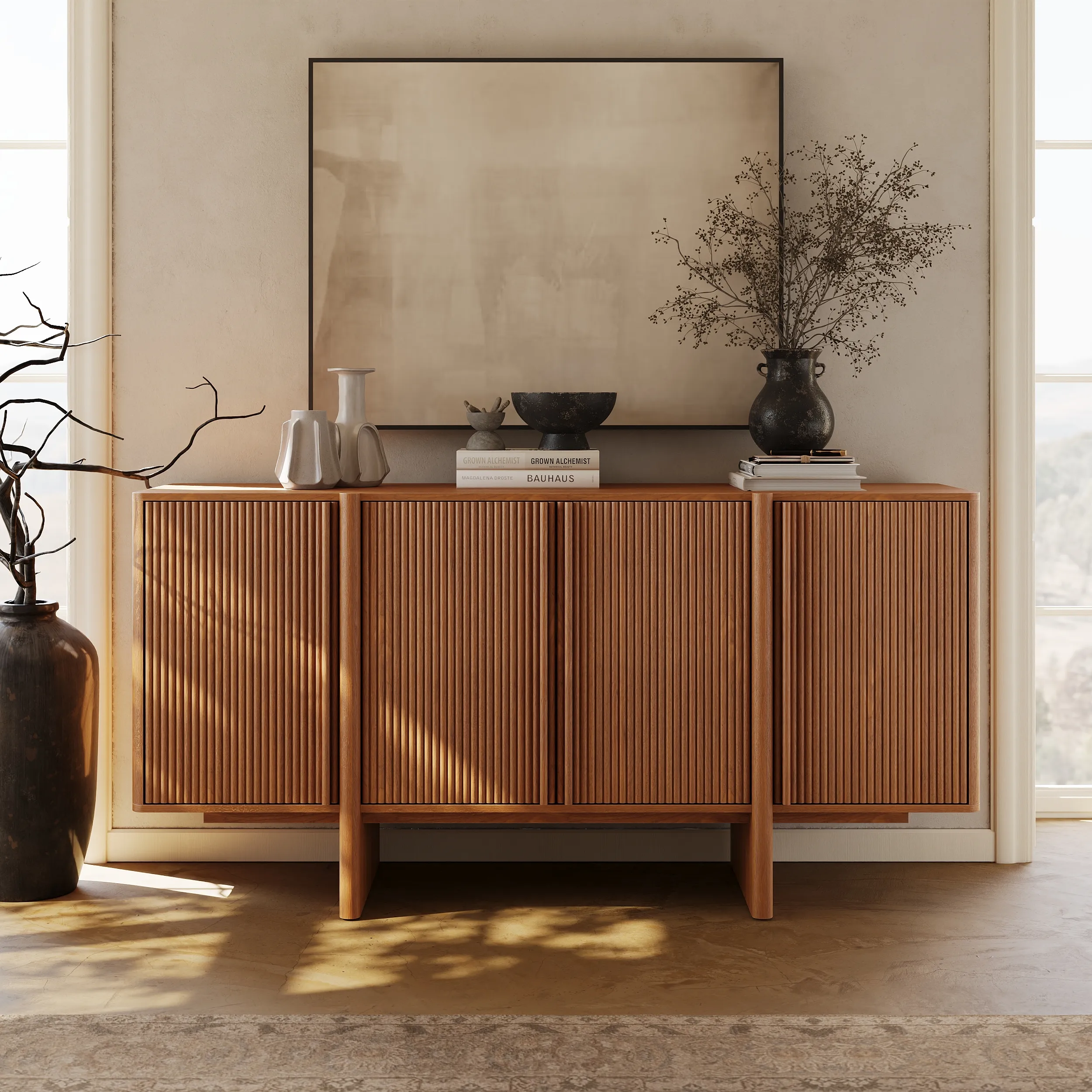 Fluted Sideboard with Storage & Adjustable Shelves - Walnut product
