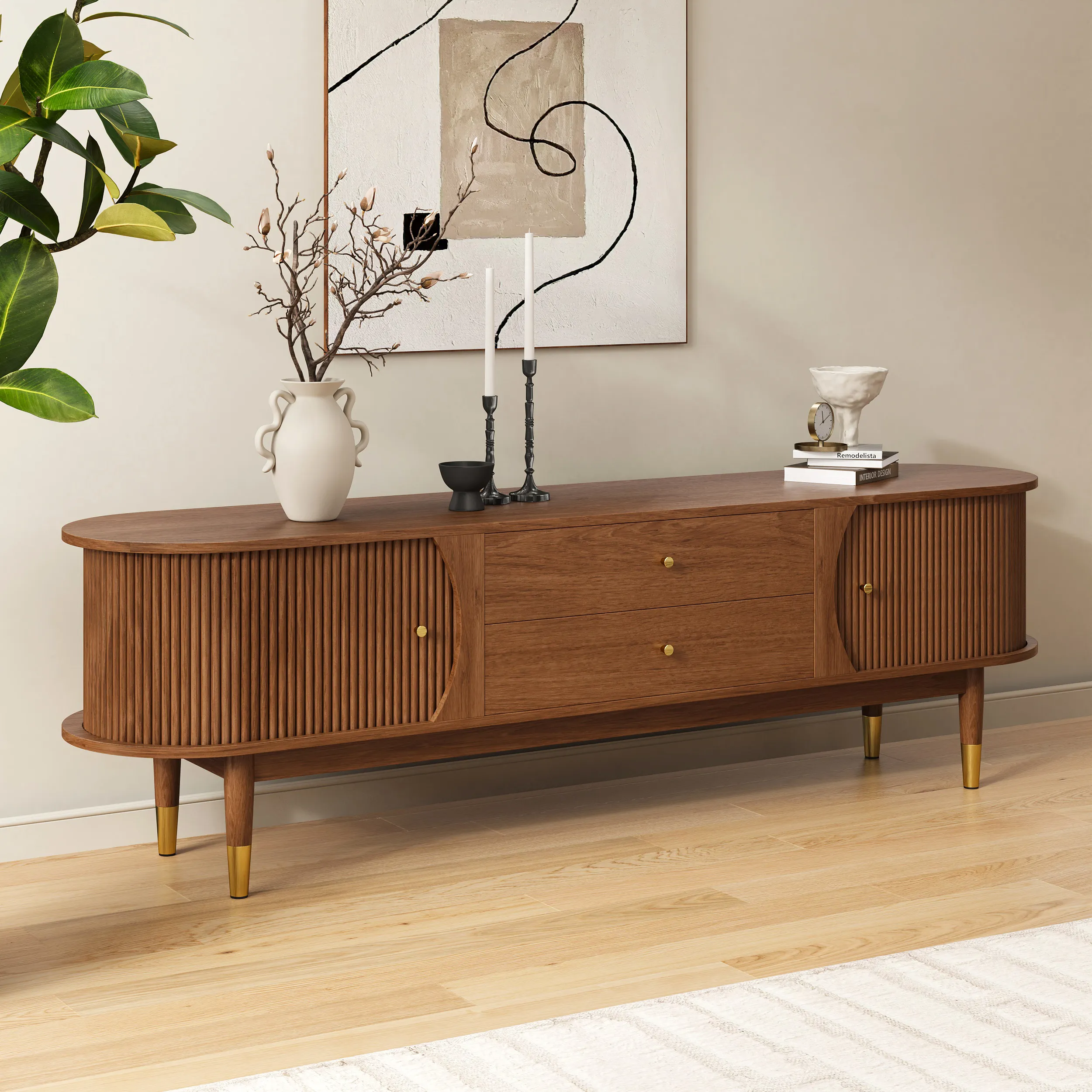 Fluted TV Stand with Storage - Walnut, Solid Ash Wood product