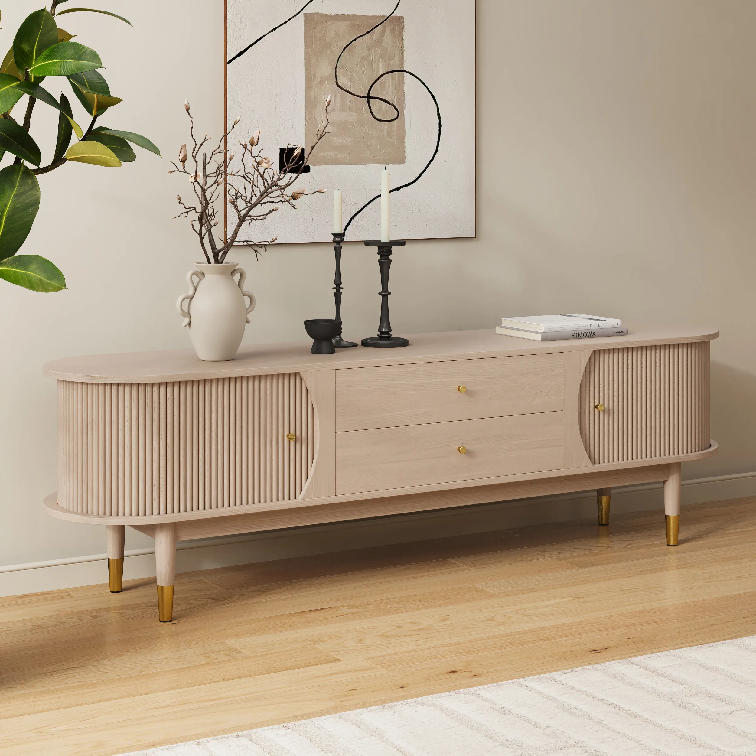 Fluted TV Stand with Storage - Whitewash, Ash Wood product