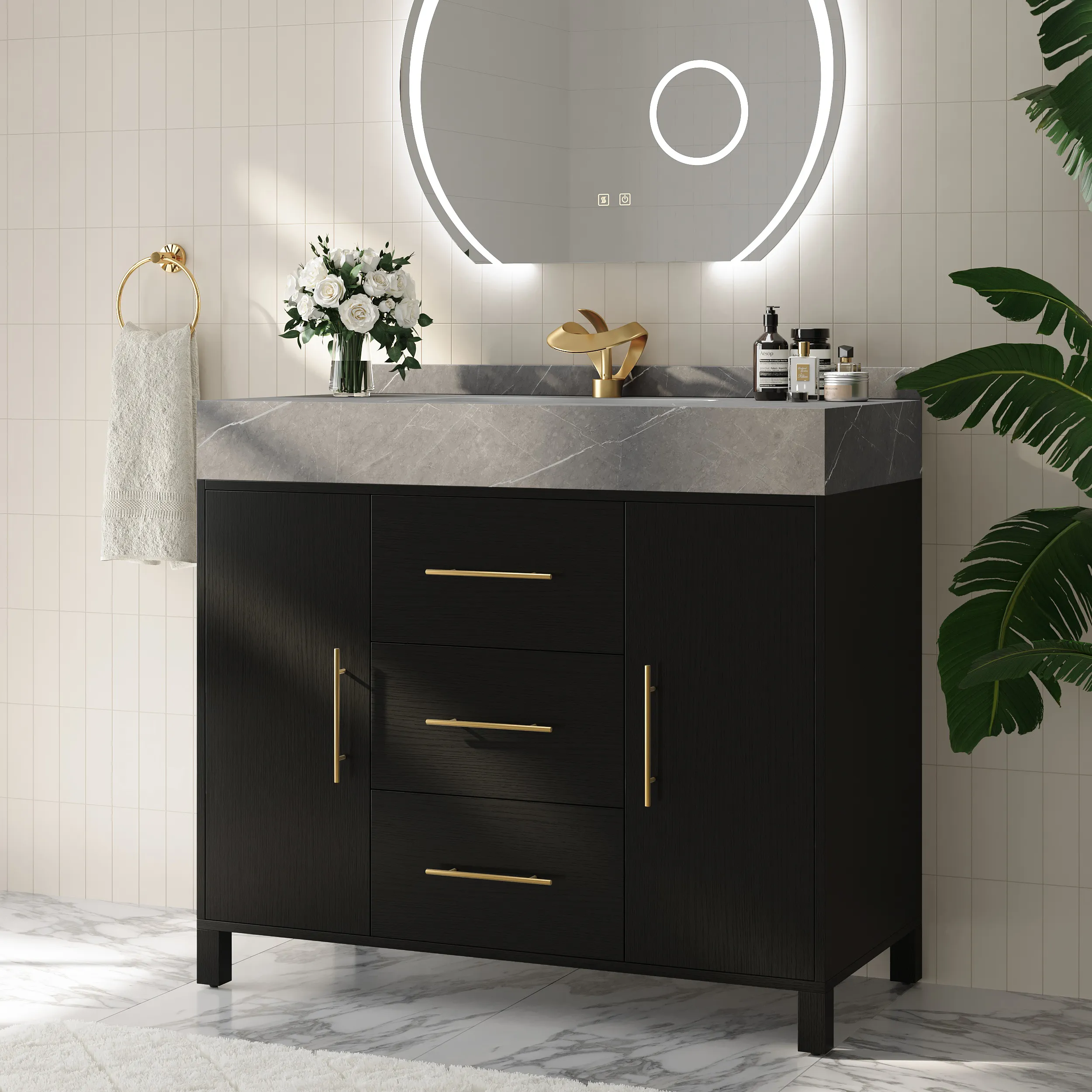 Freestanding Bathroom Vanity with Sintered Stone Top - Black, Engineered Wood product