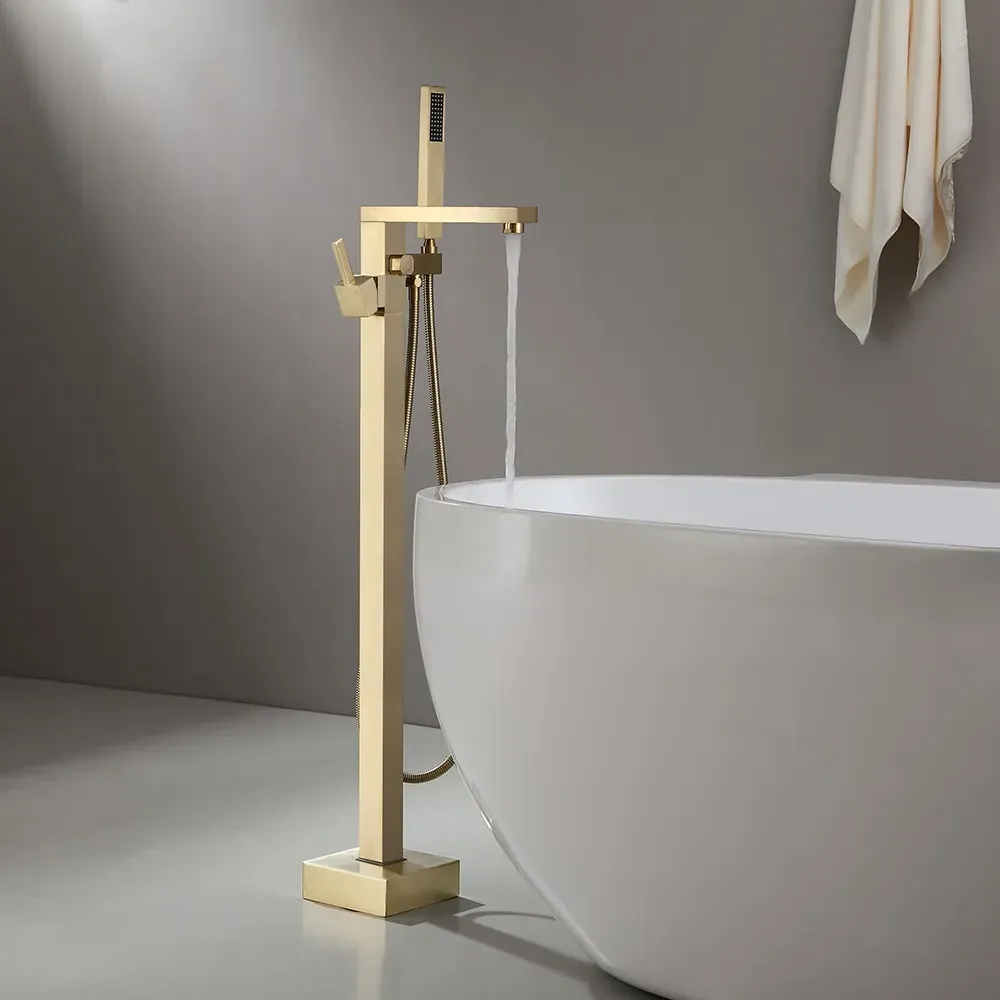 Freestanding Bathtub Faucet with Hand Shower - Brushed Gold product