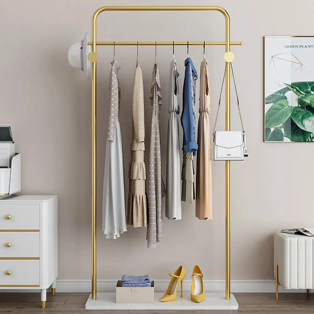 Freestanding Clothing Rail with Hooks & Marble Base - Gold, Metal product