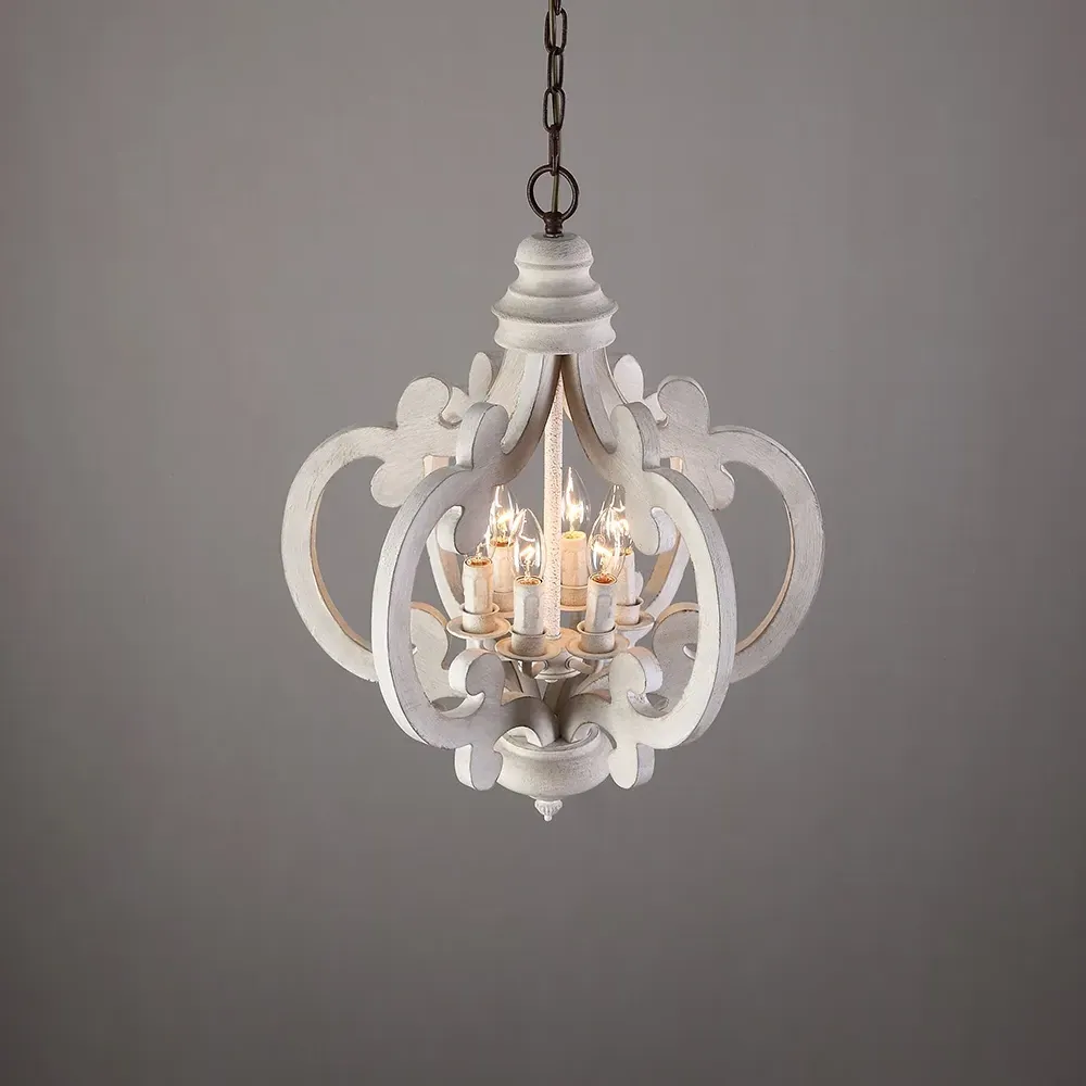 French Country 6-Light Candle Chandelier - Distressed White, Wood & Iron product