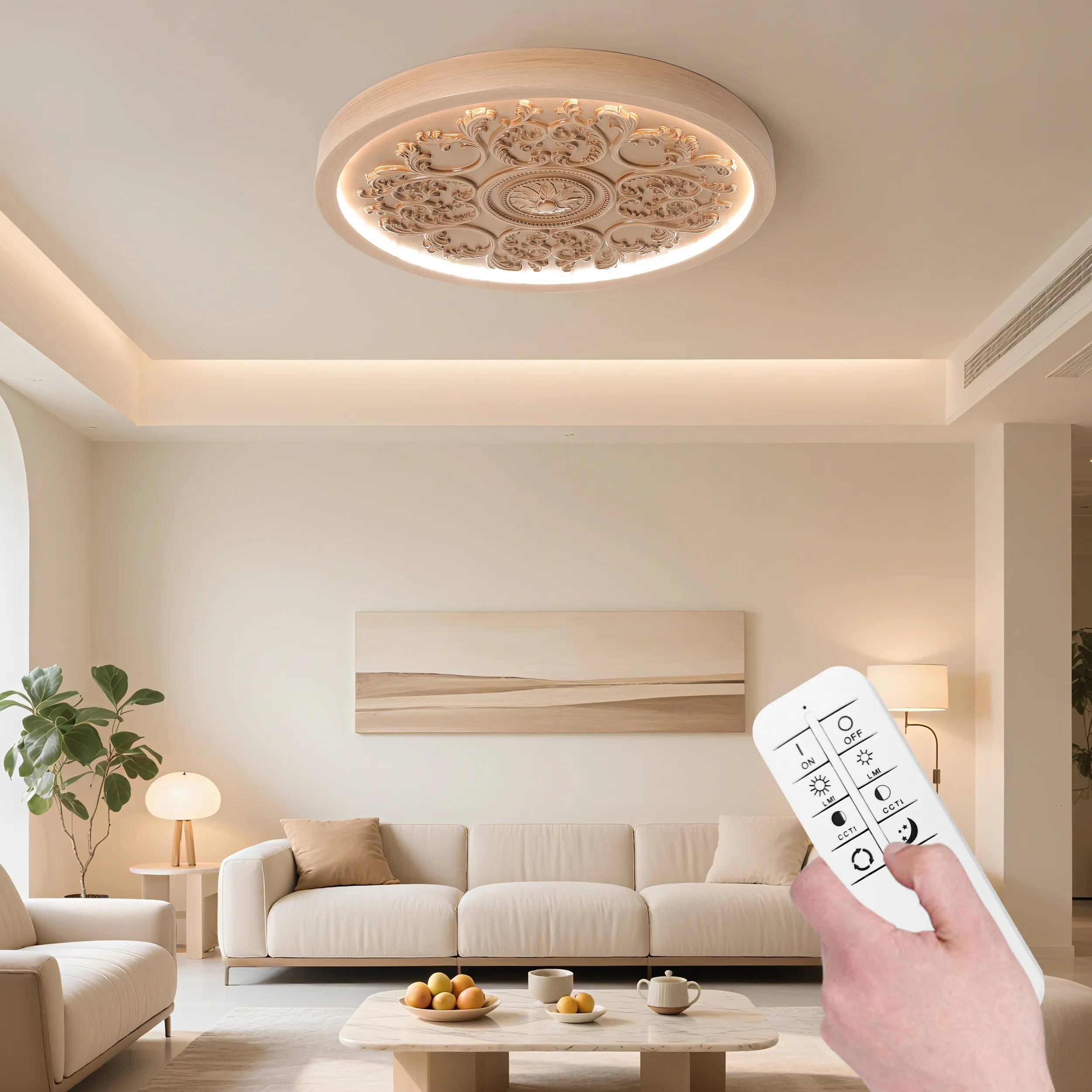 French Resin 3D Carved LED Dimmable Flush Mount Ceiling Light - Natural product