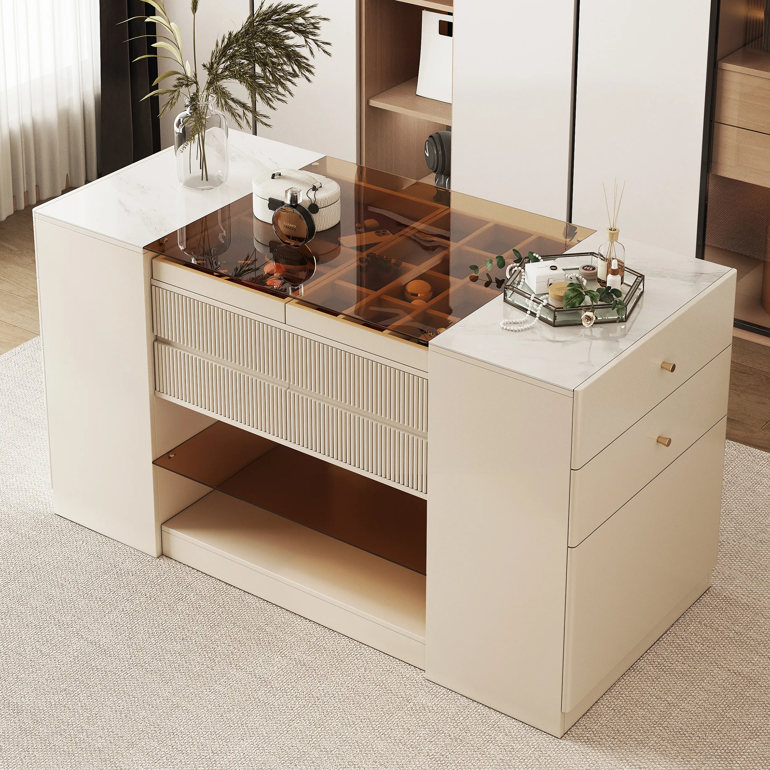 Glass Top Dresser Walk-In Wardrobe Island with Jewellery Storage - Matte Ivory product
