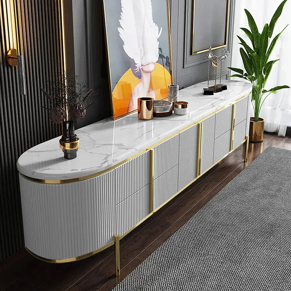 Gline Oval TV Stand with Storage - White Marble, Metal product