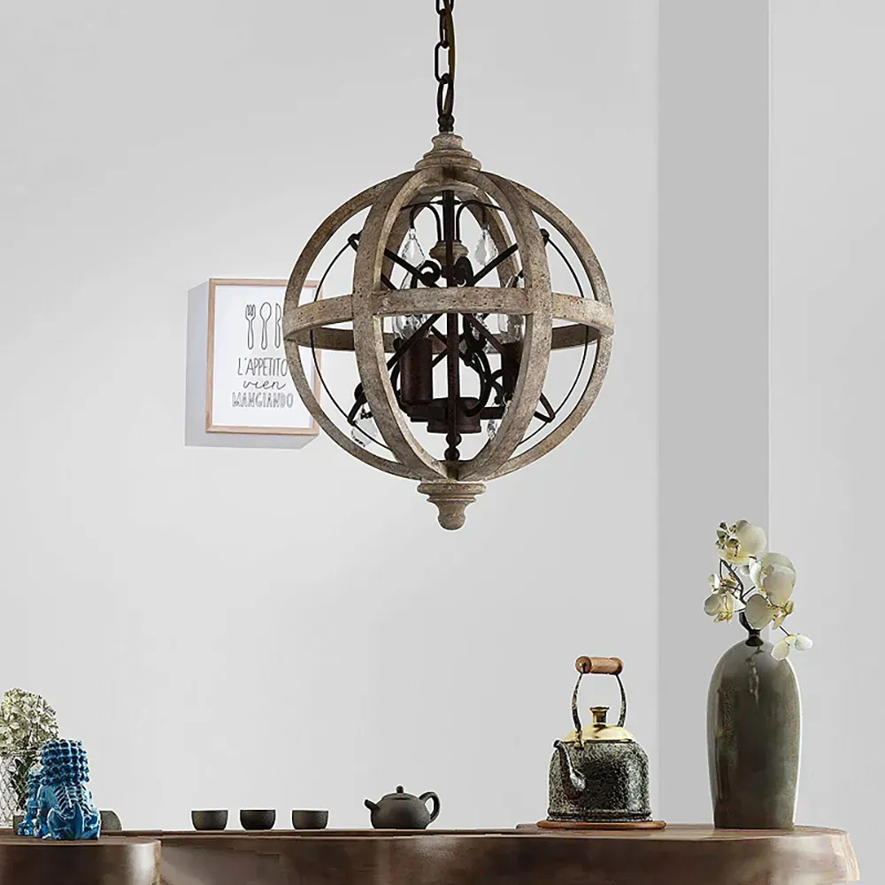 Globe Orb 3-Light Chandelier with Crystals - Rust, Wood product