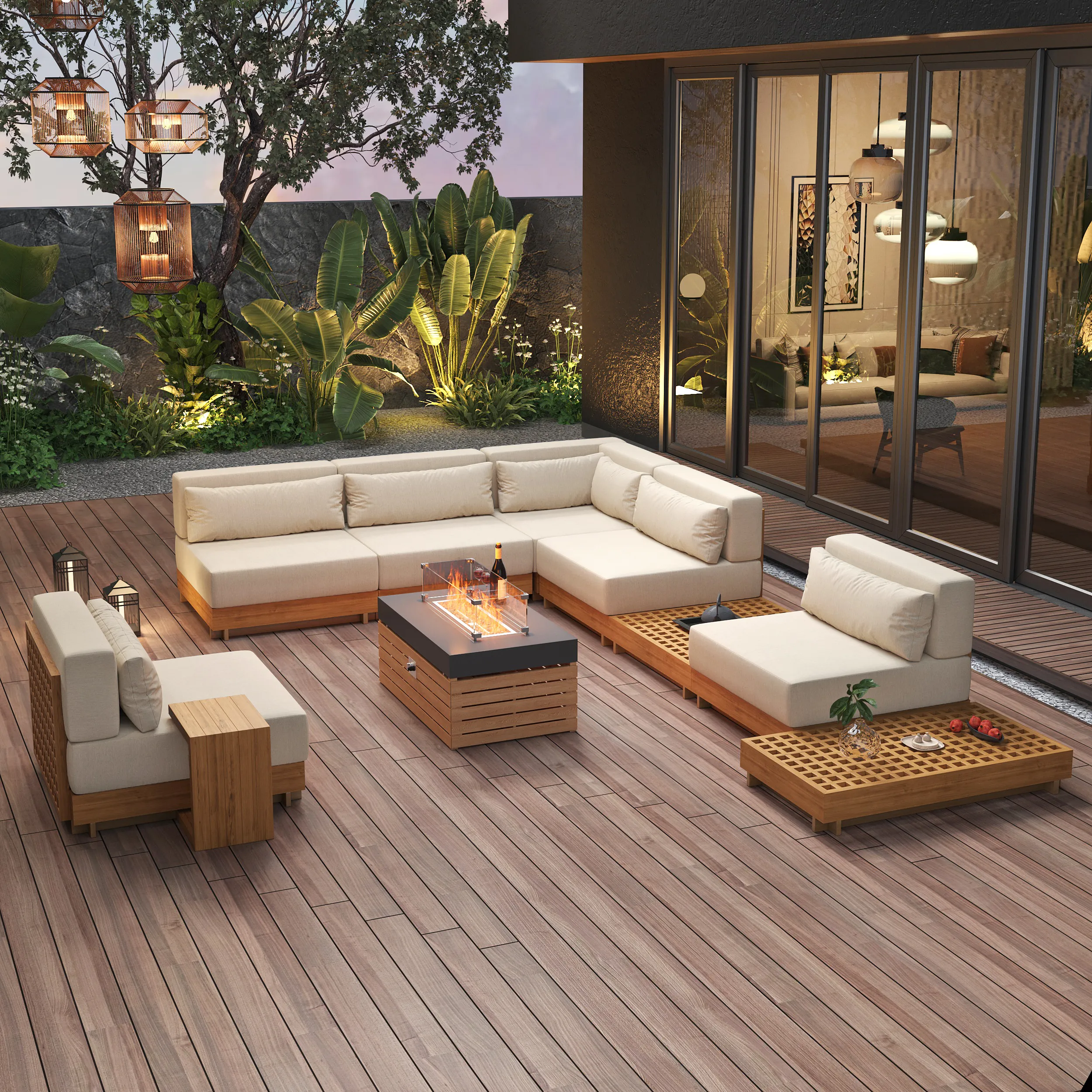 Grida Propane Gas Fire Pit Table & Modular Sectional Sofa Set - Beige, Aluminium product