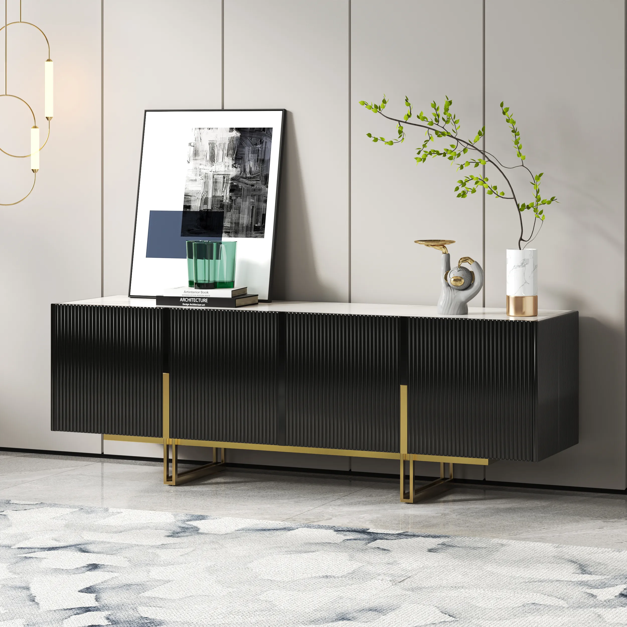 Grovyn 150 cm TV Stand with Storage - Glossy Black, Sintered Stone product