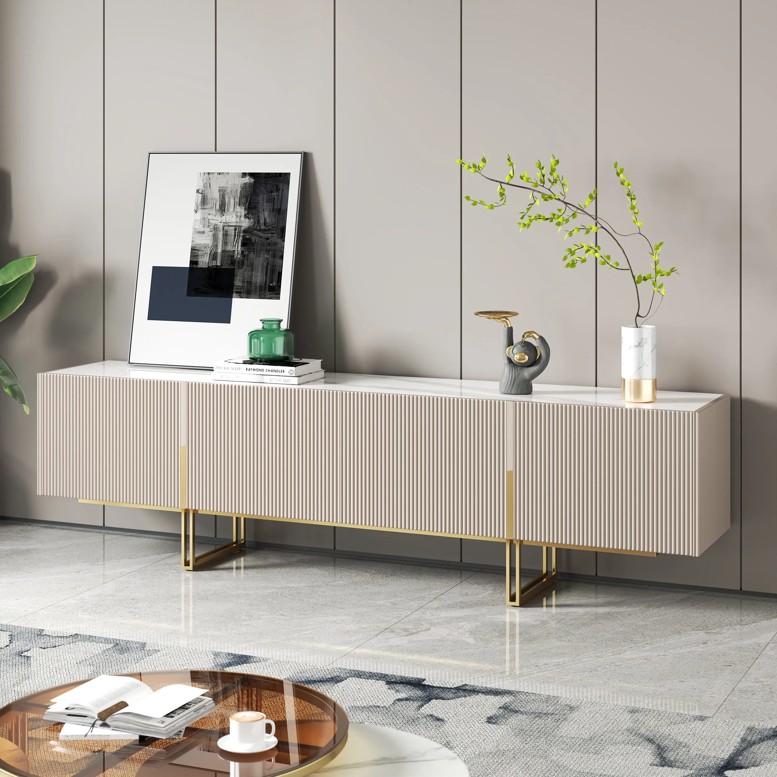Grovyn 220 cm Fluted TV Stand with Cabinets - Ivory, Sintered Stone product