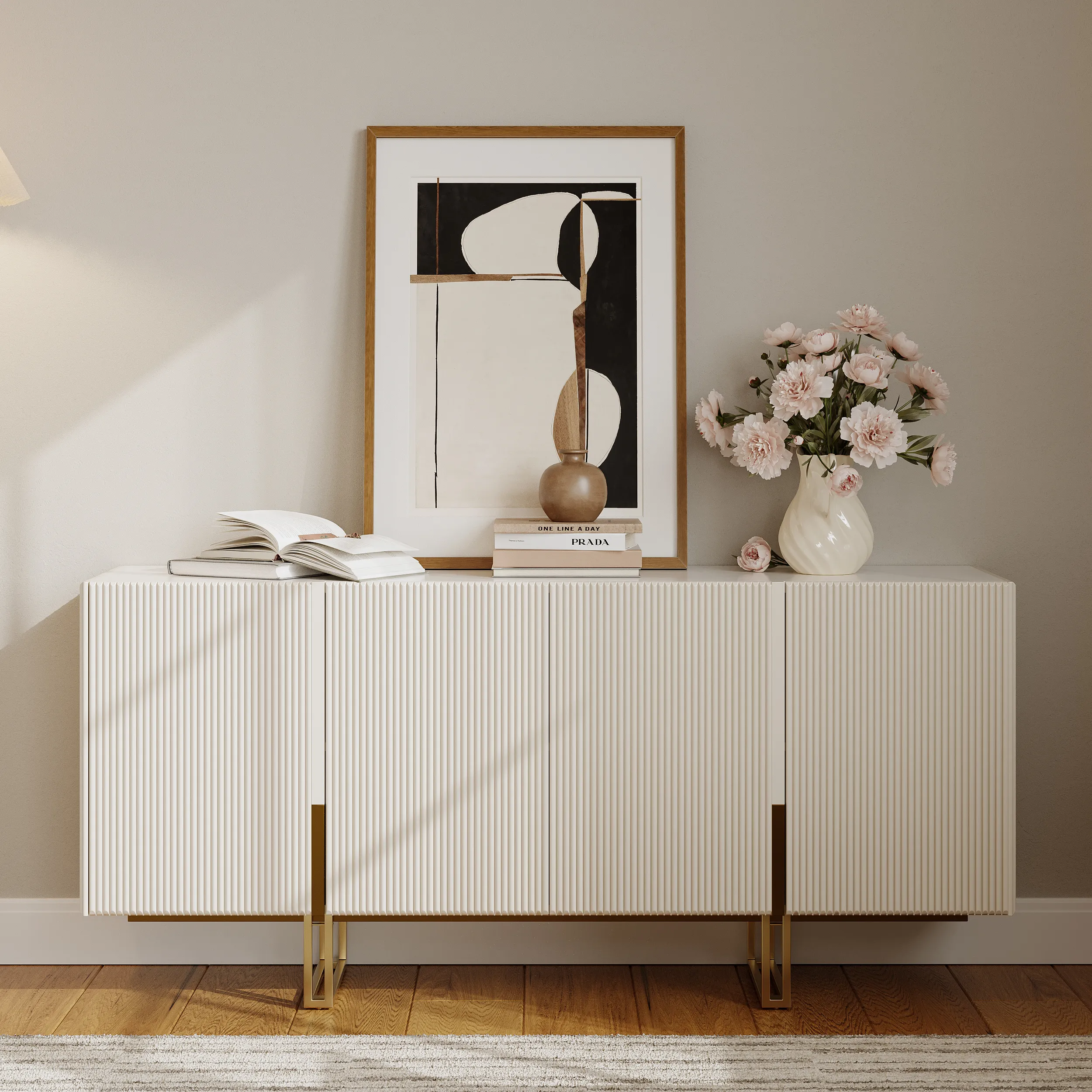Grovyn Fluted Buffet Sideboard with Adjustable Shelves - Ivory, Sintered Stone product