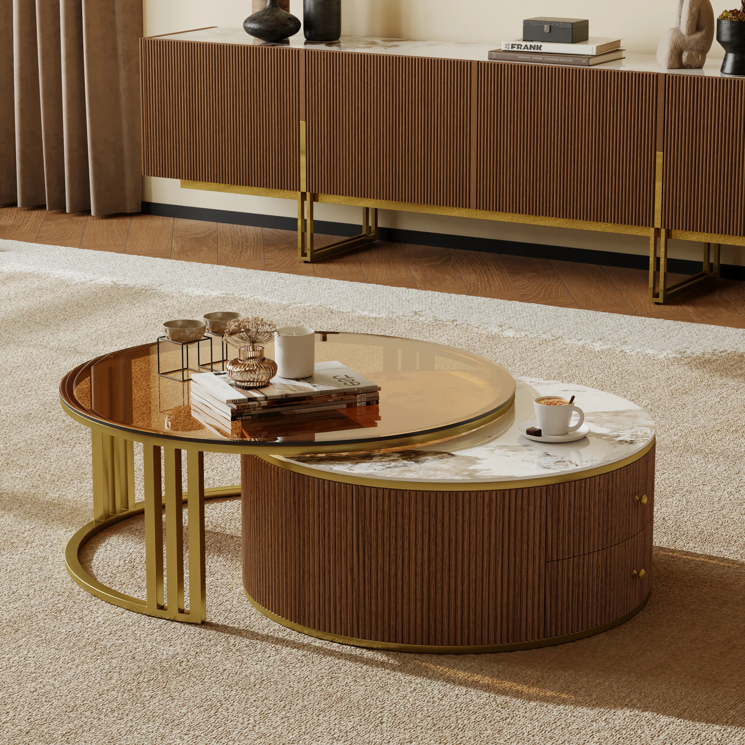 Grovyn Round Nesting Coffee Table Set - Walnut, Sintered Stone product