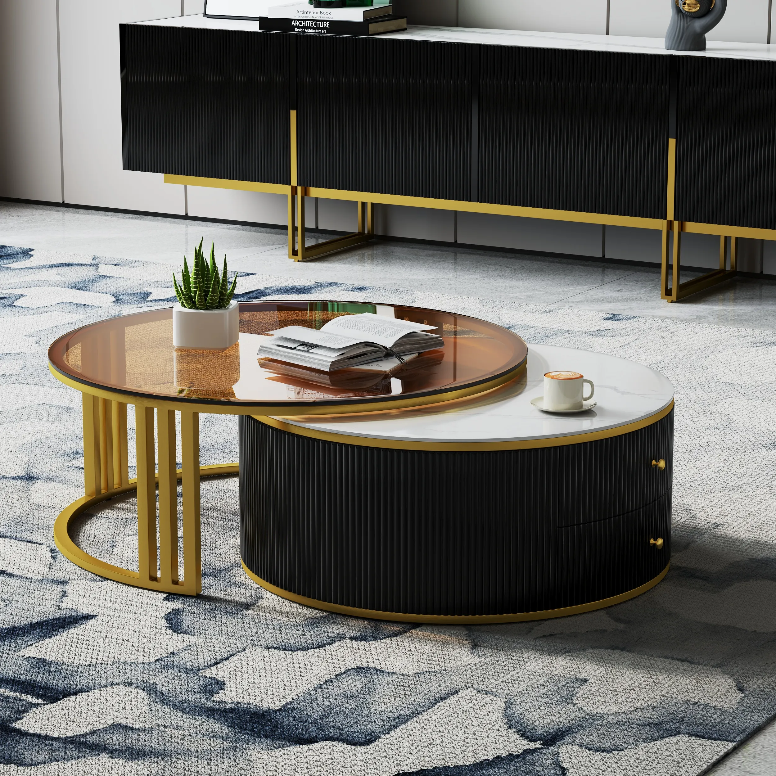 Grovyn Round Nesting Coffee Table with Storage - Black, Sintered Stone product