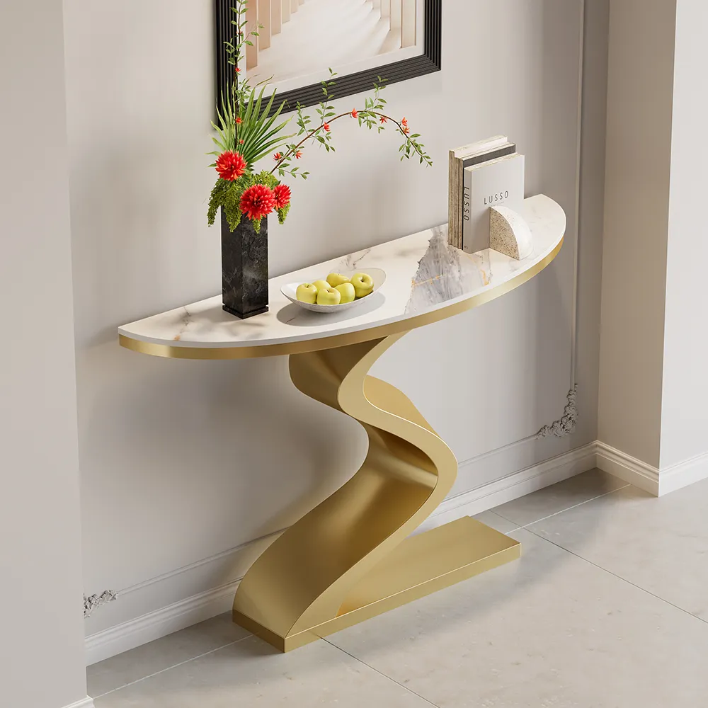 Half Moon Console Table with Sintered Stone Top - Glossy Pandora, Metal product
