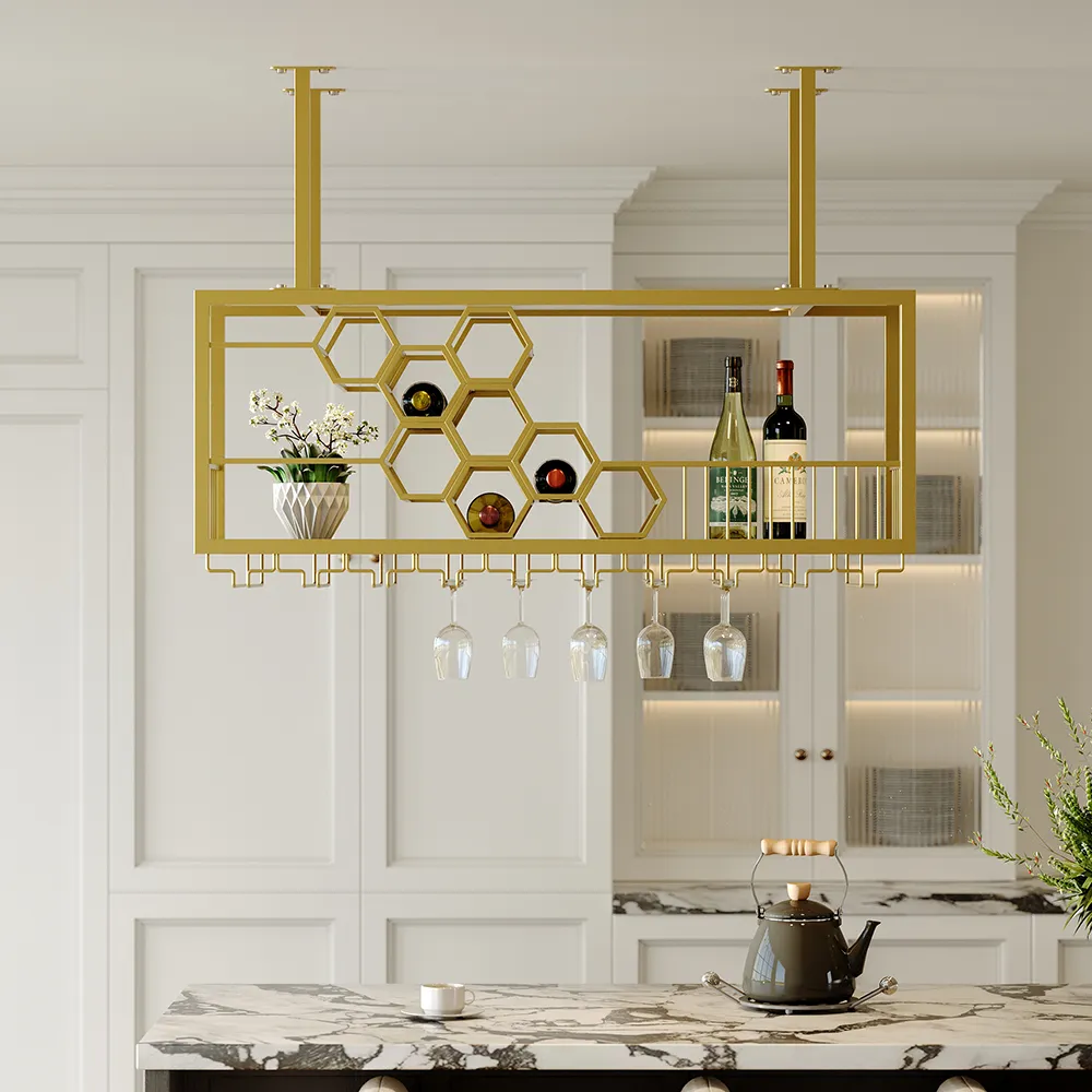 Hanging Wine Glass Rack Floating Bar Shelf - Gold, Metal product