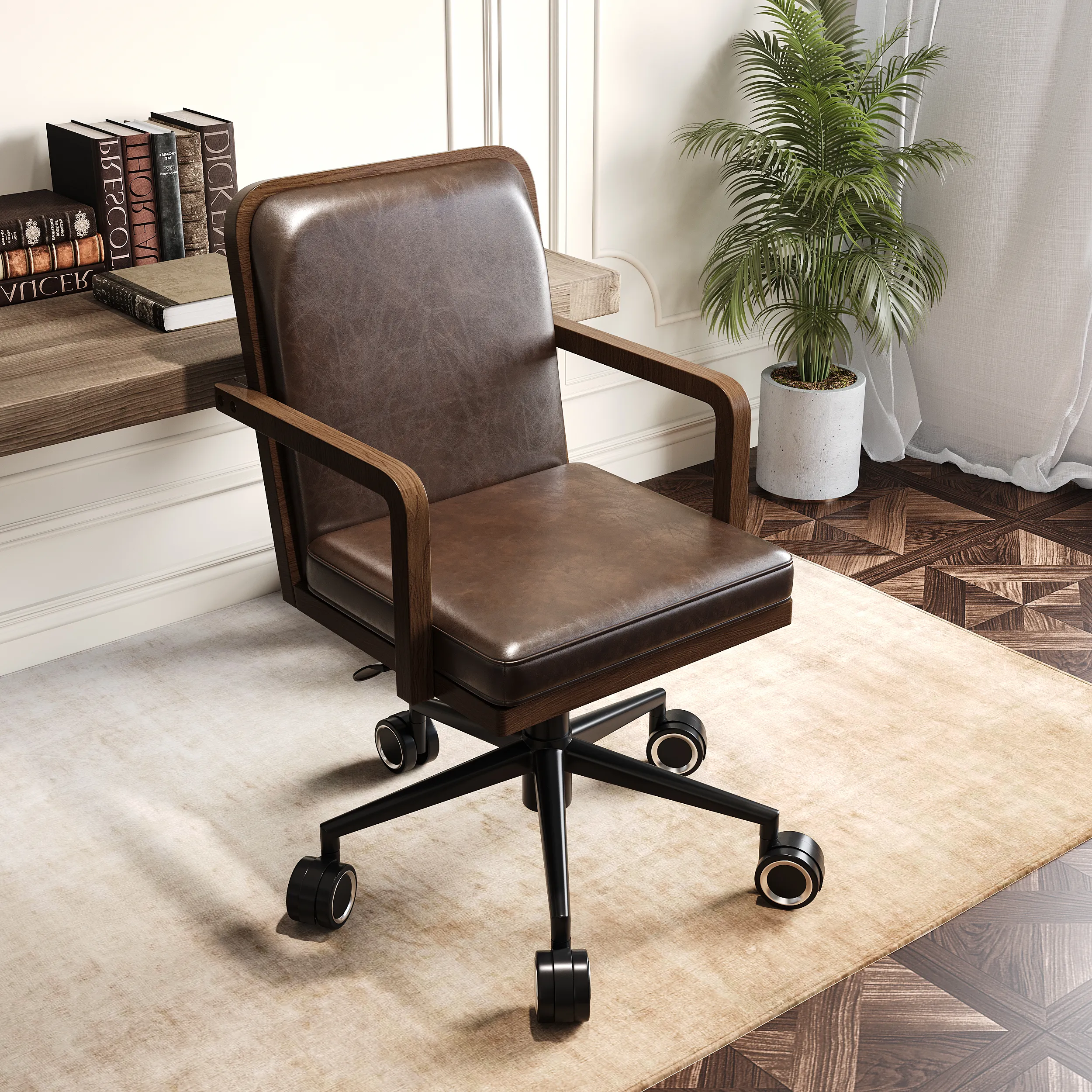 High Back Adjustable Swivel Office Chair - Oil Wax Leather, Ash Wood product