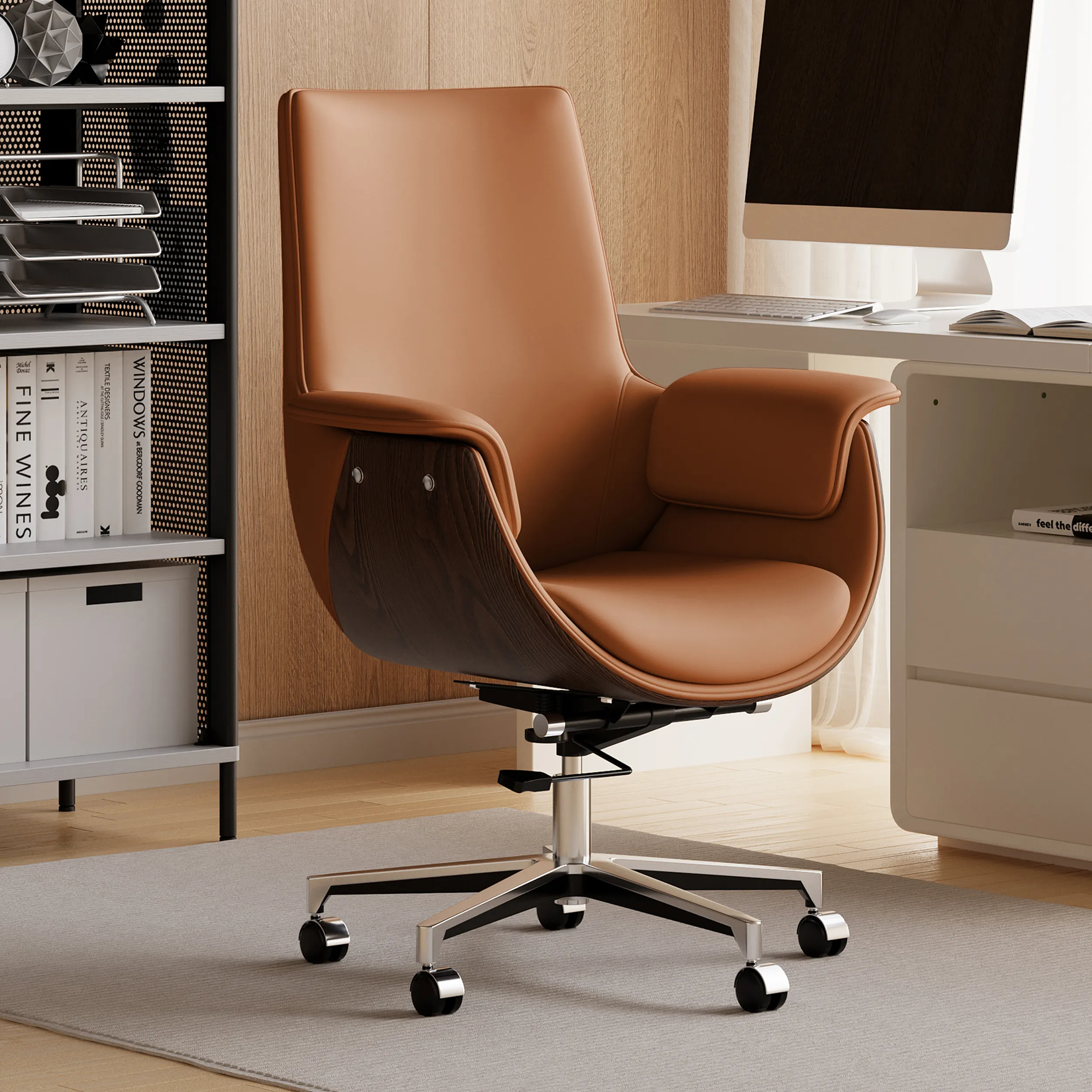 High Back Desk Chair with Wood Grain Frame - Brown, PU Leather product
