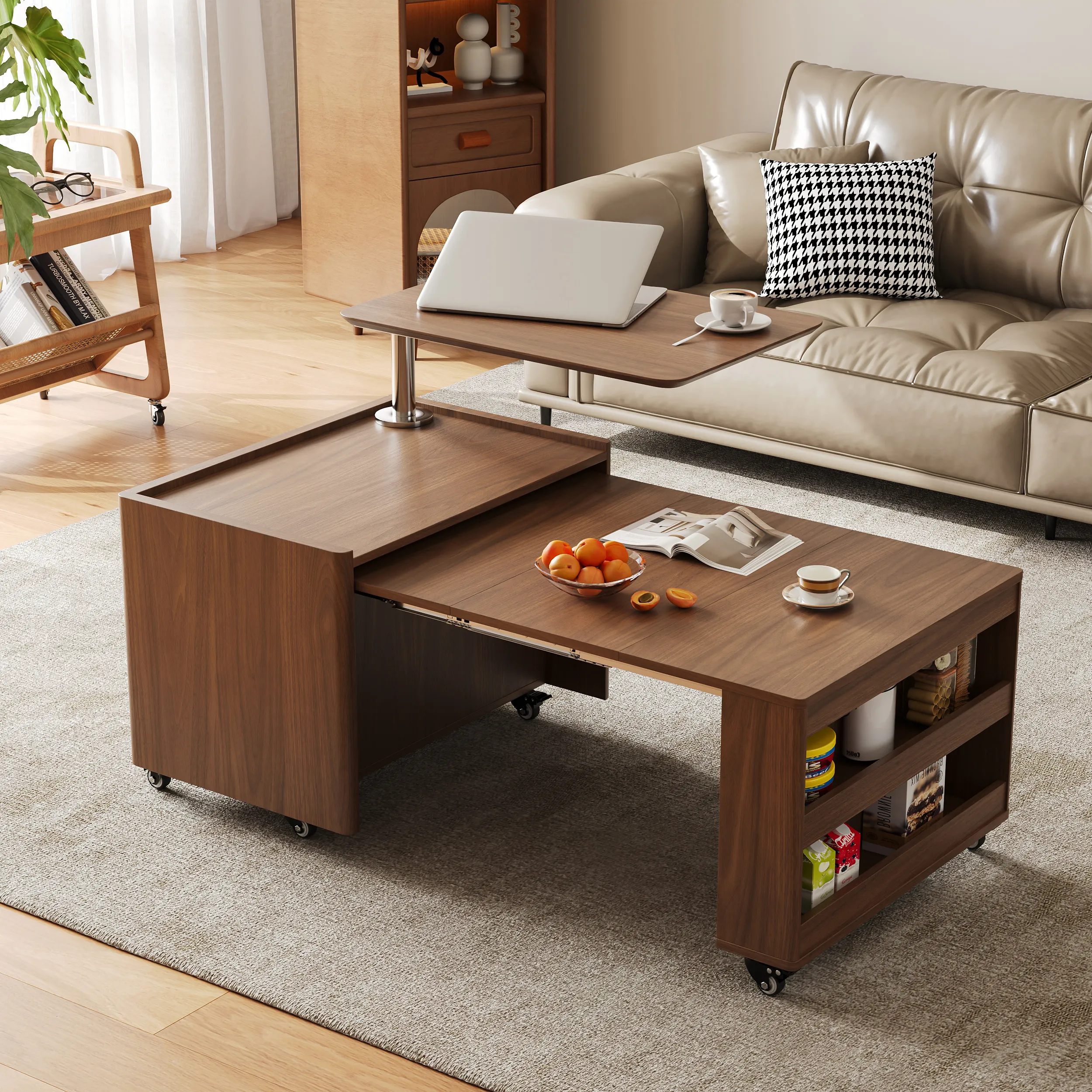 Homary Extendable Lift-Top Coffee Table with Drawers - Walnut product