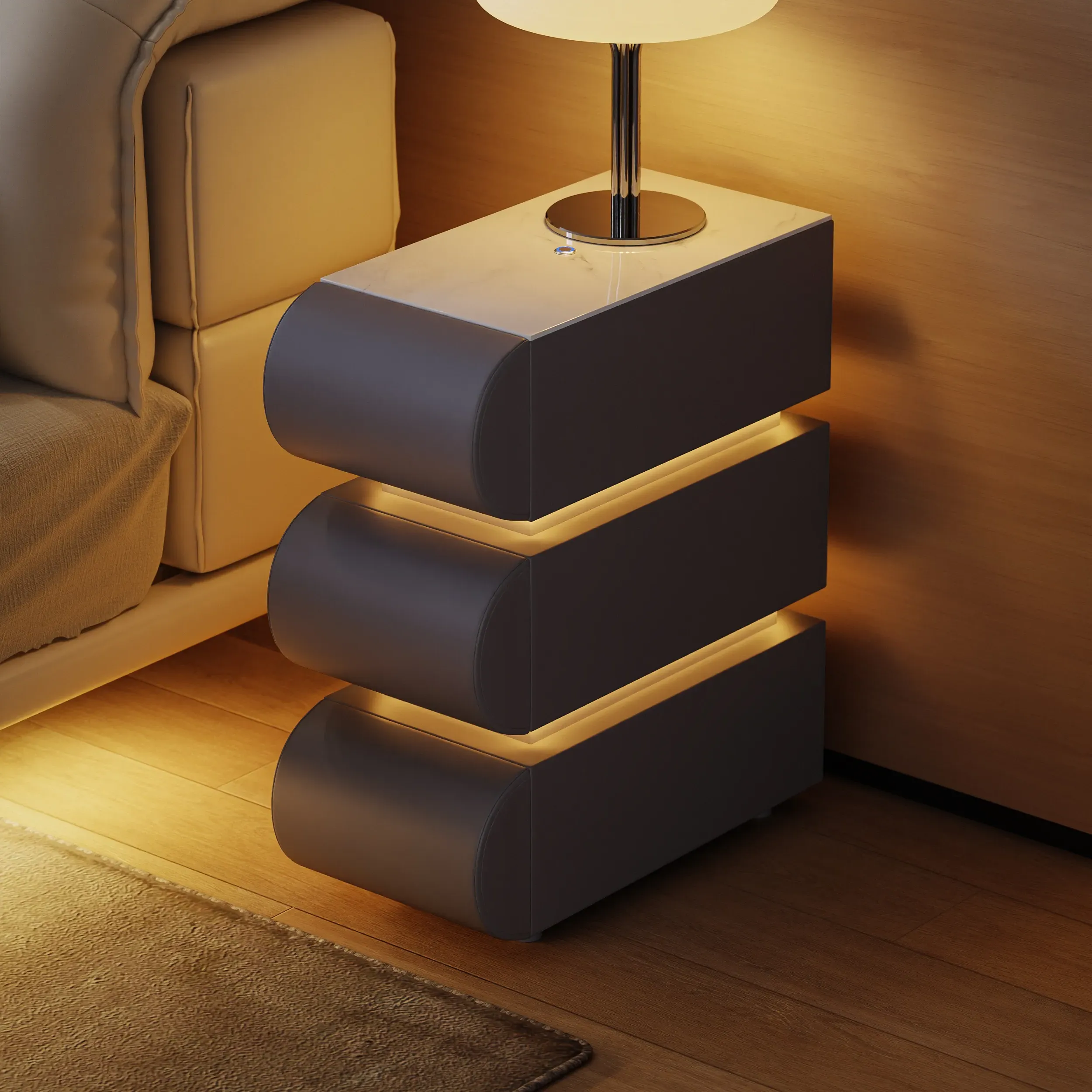 Humply 3-Drawer Bedside Table with Charging Station - Light Grey, Leather product