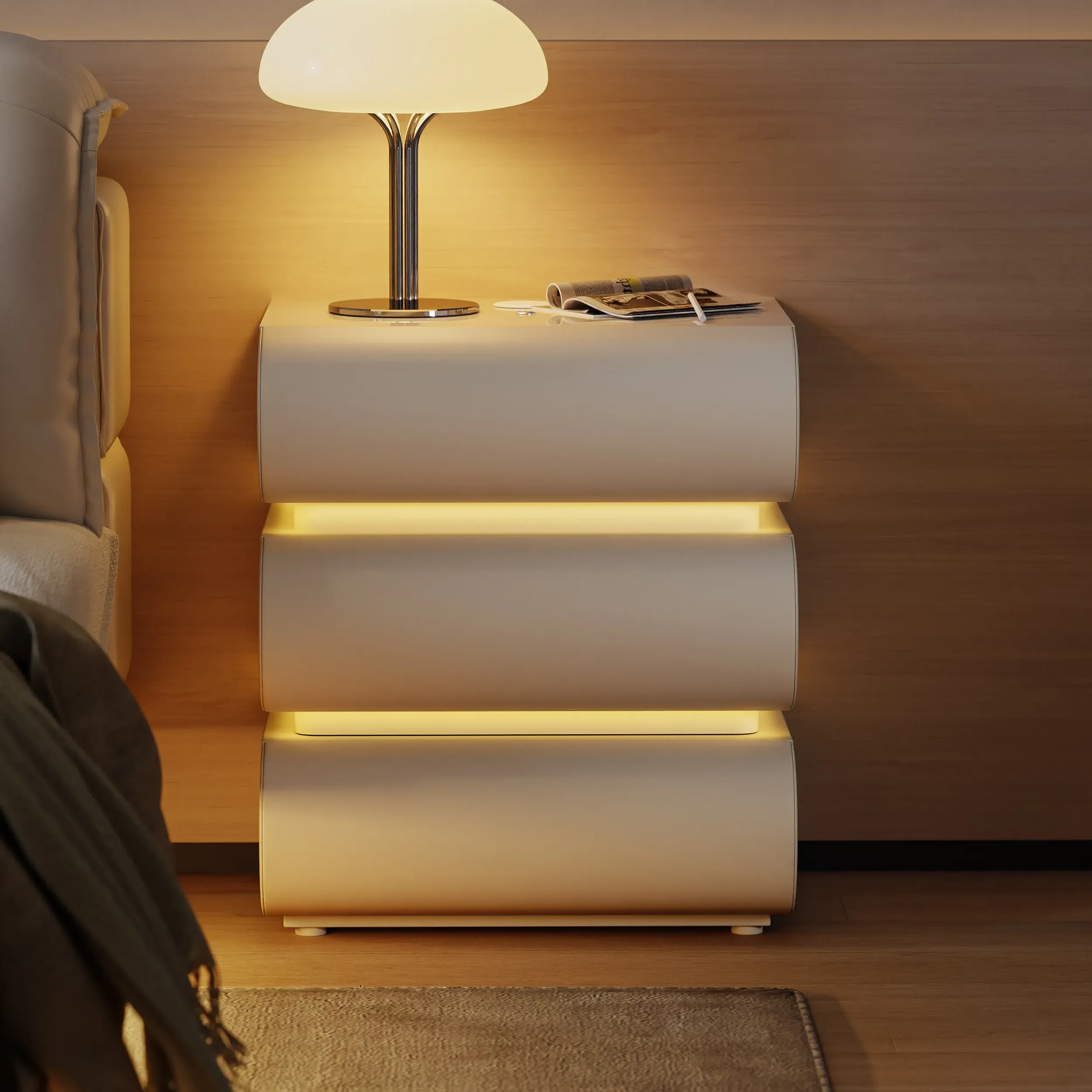 Humply 3-Drawer LED Bedside Table with Wireless Charging - Warm White, Leather product