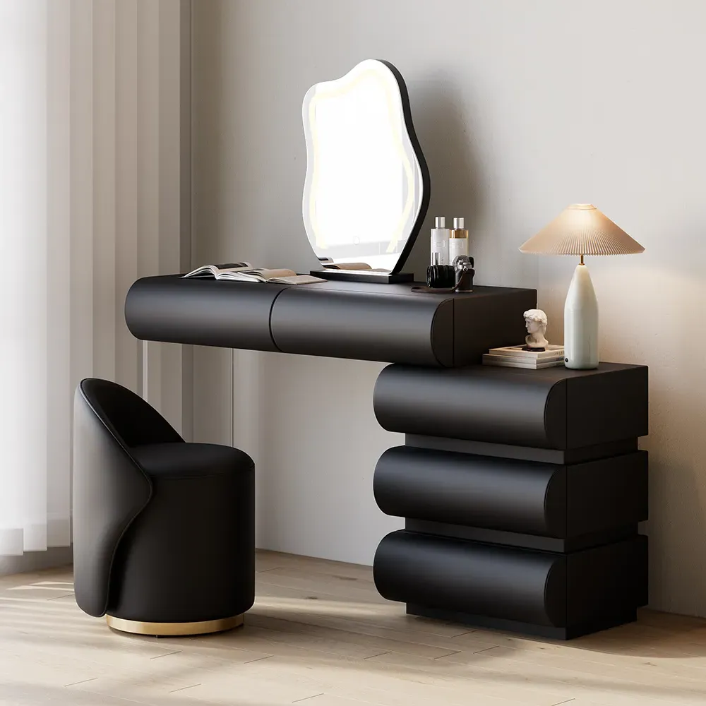 Humply Dressing Table with LED Mirror and Stool - Black, Faux Leather product