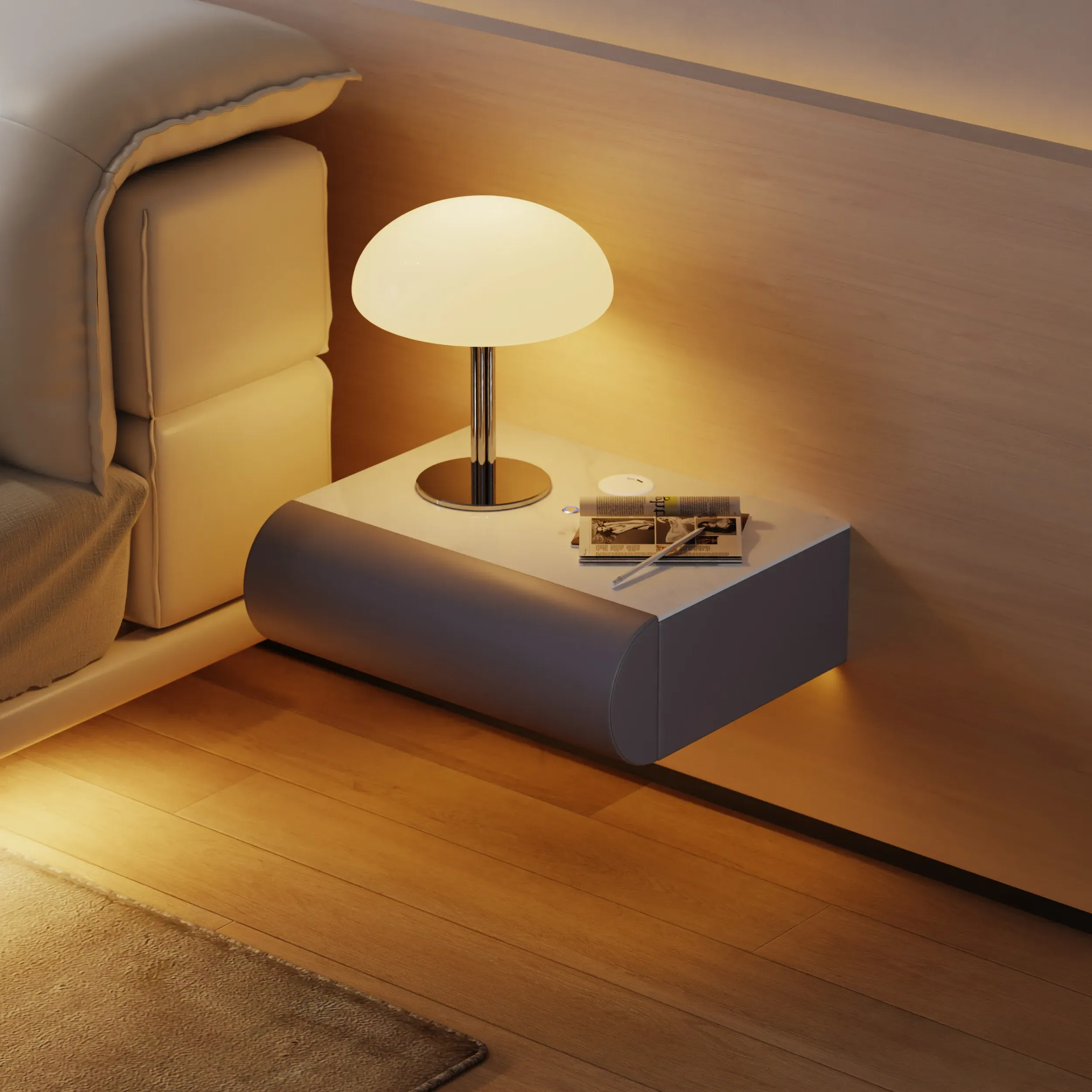 Humply Floating 1-Drawer LED Nightstand with Sintered Stone Top - Light Gray, Leather product