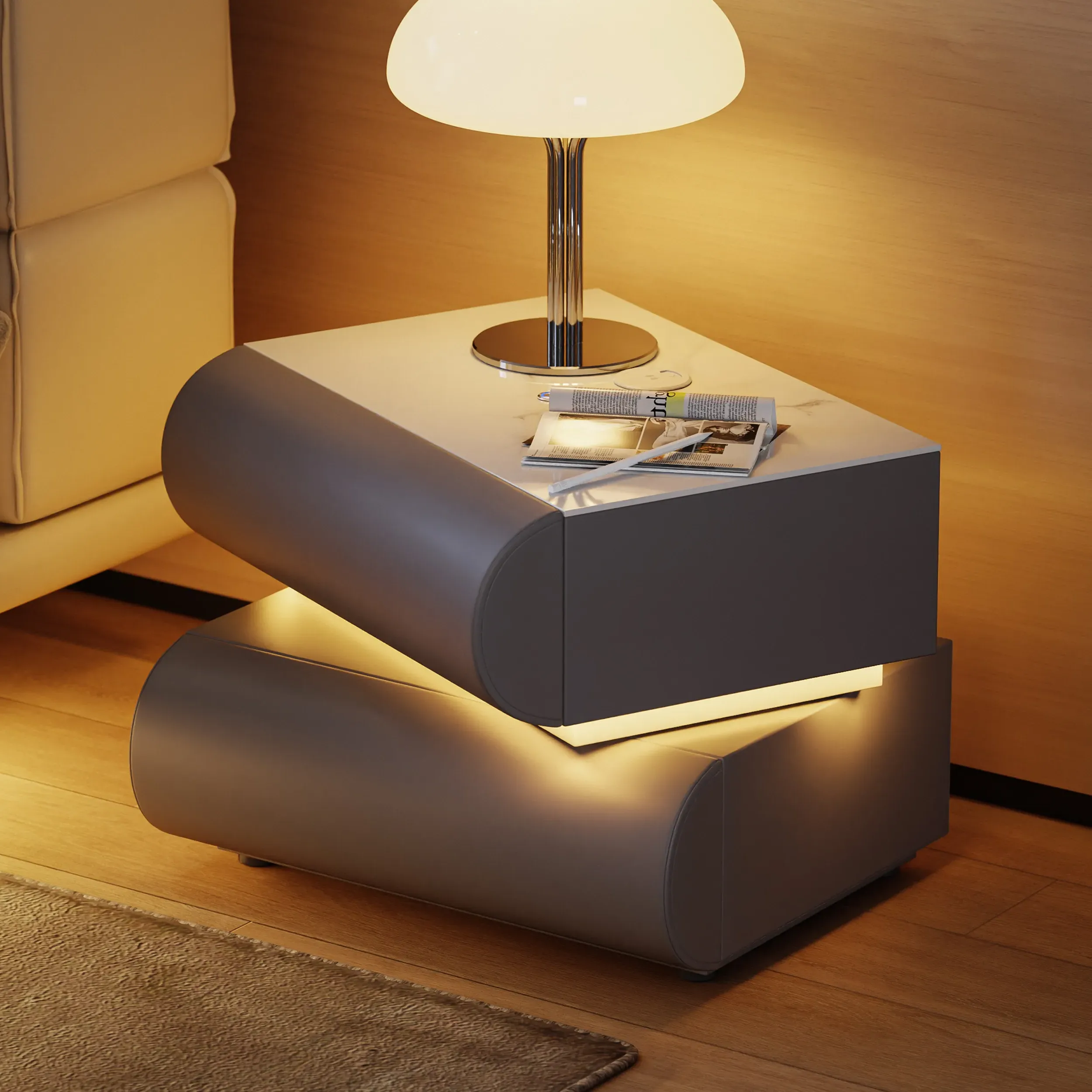 Humply Floating Bedside Table with Drawer & Charger - Warm White, Faux Leather product