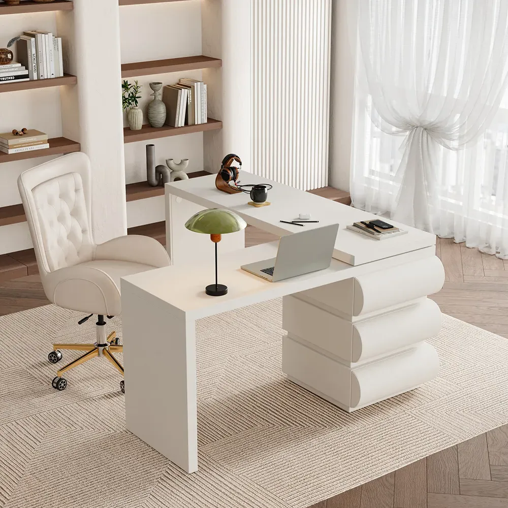 Humply L-Shaped Desk with Drawers - White, Faux Leather product