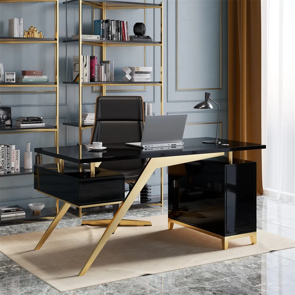 Hungled 140cm Writing Desk with Storage Cabinet - Black & Gold product