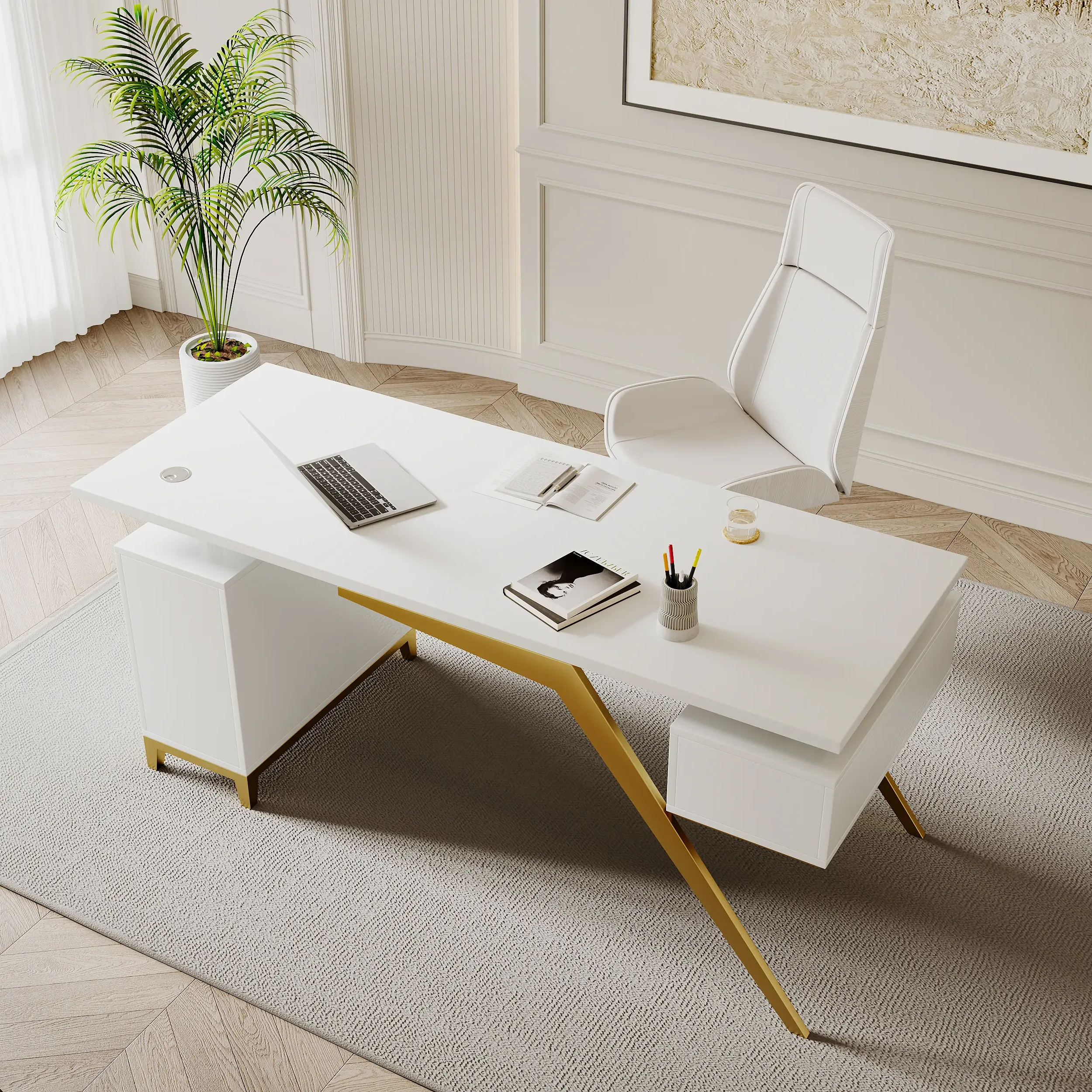 Hungled Computer Desk with Storage Cabinet - Glossy White, Gold product