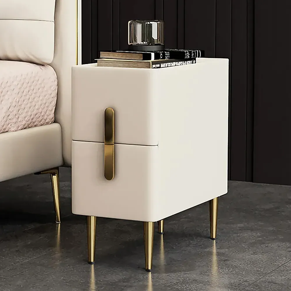 Inarrow Bedside Table with 2 Drawers - Beige, PU Leather product