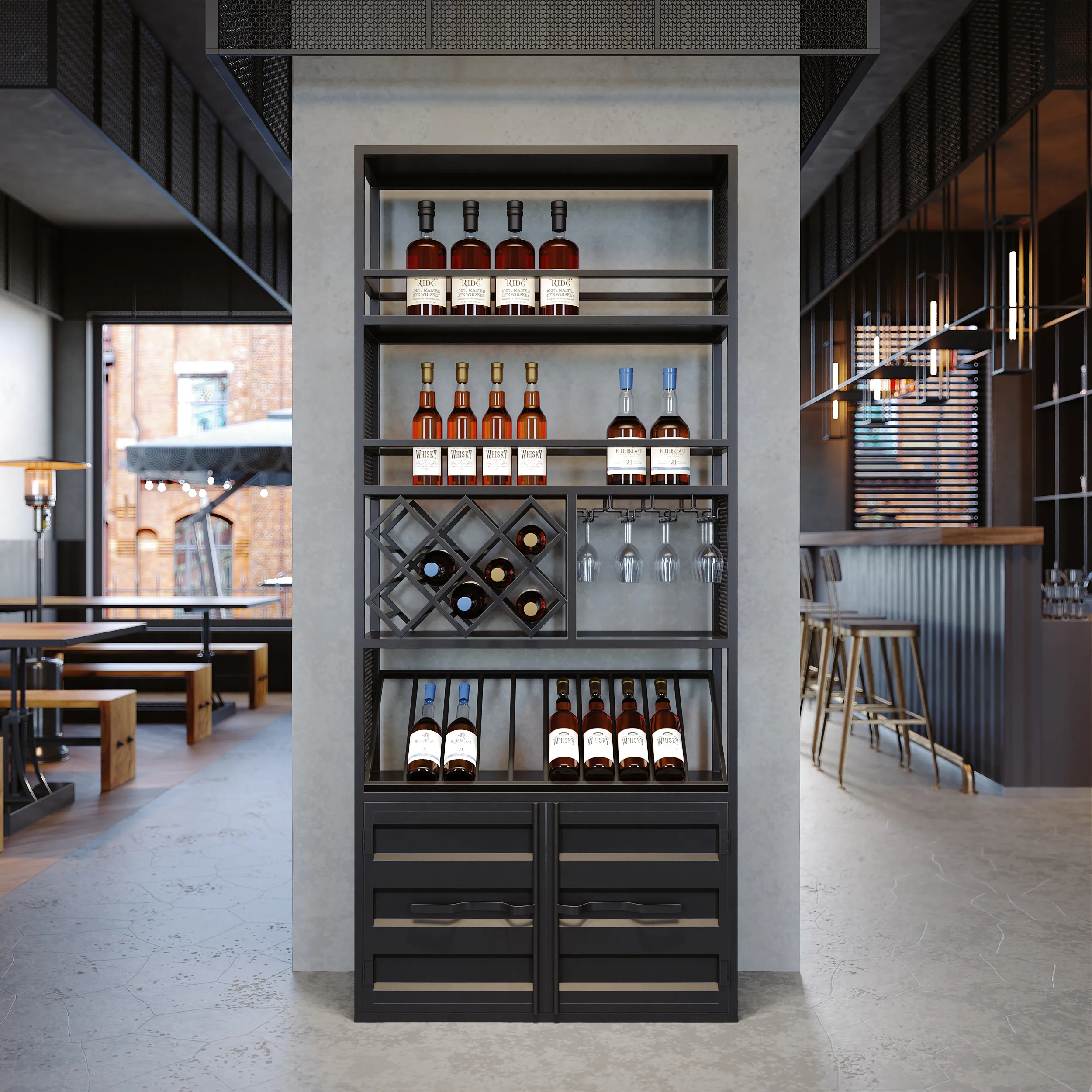 Industrial Standing Wine & Glass Rack with Cabinet - Black, Metal product