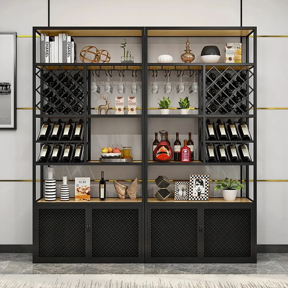 Industrial Tall Bar Wine Rack Cabinet with Glass Rack - Natural, Pine Wood & Metal product