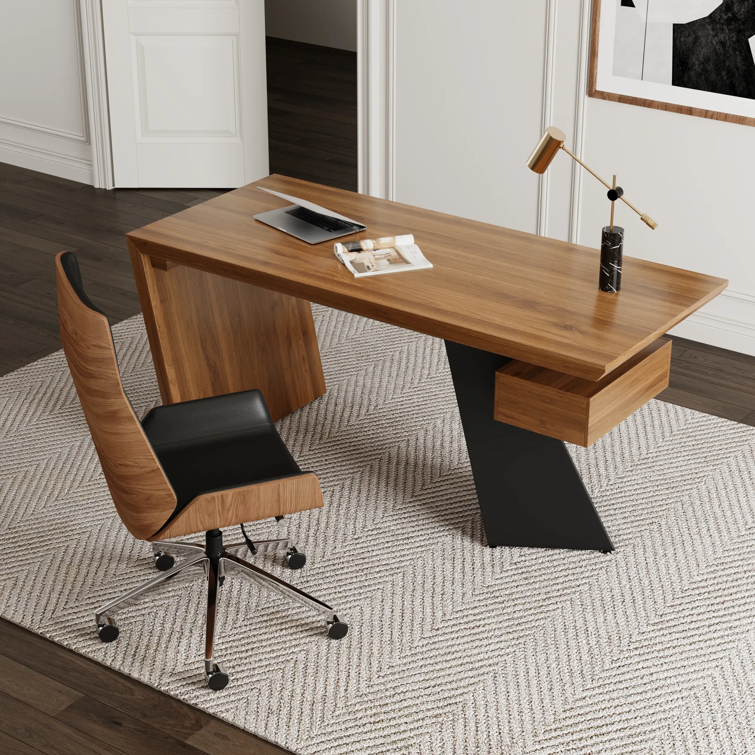 Industrial Writing Desk & Faux Leather Chair Set - Distressed Wood product