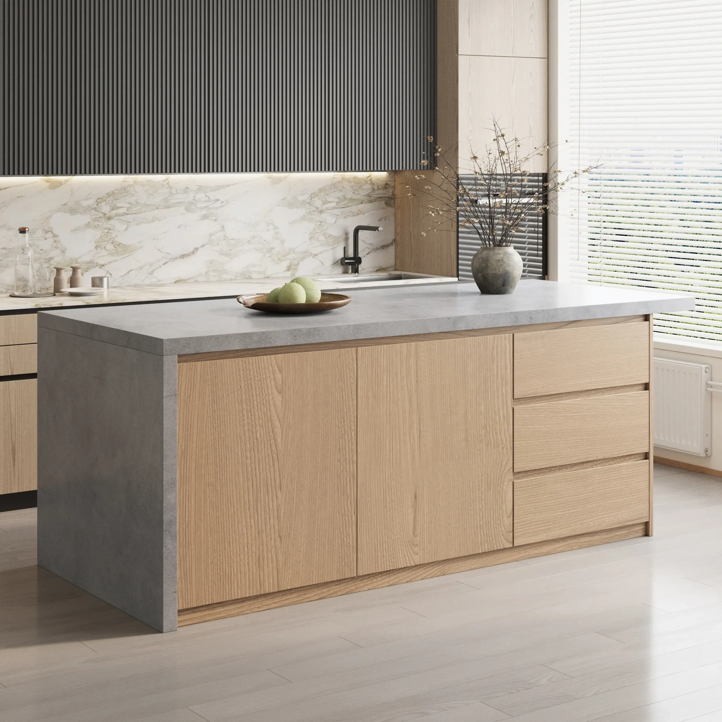 Japandi 183 cm Kitchen Island with Storage - Concrete Grey, Wood product