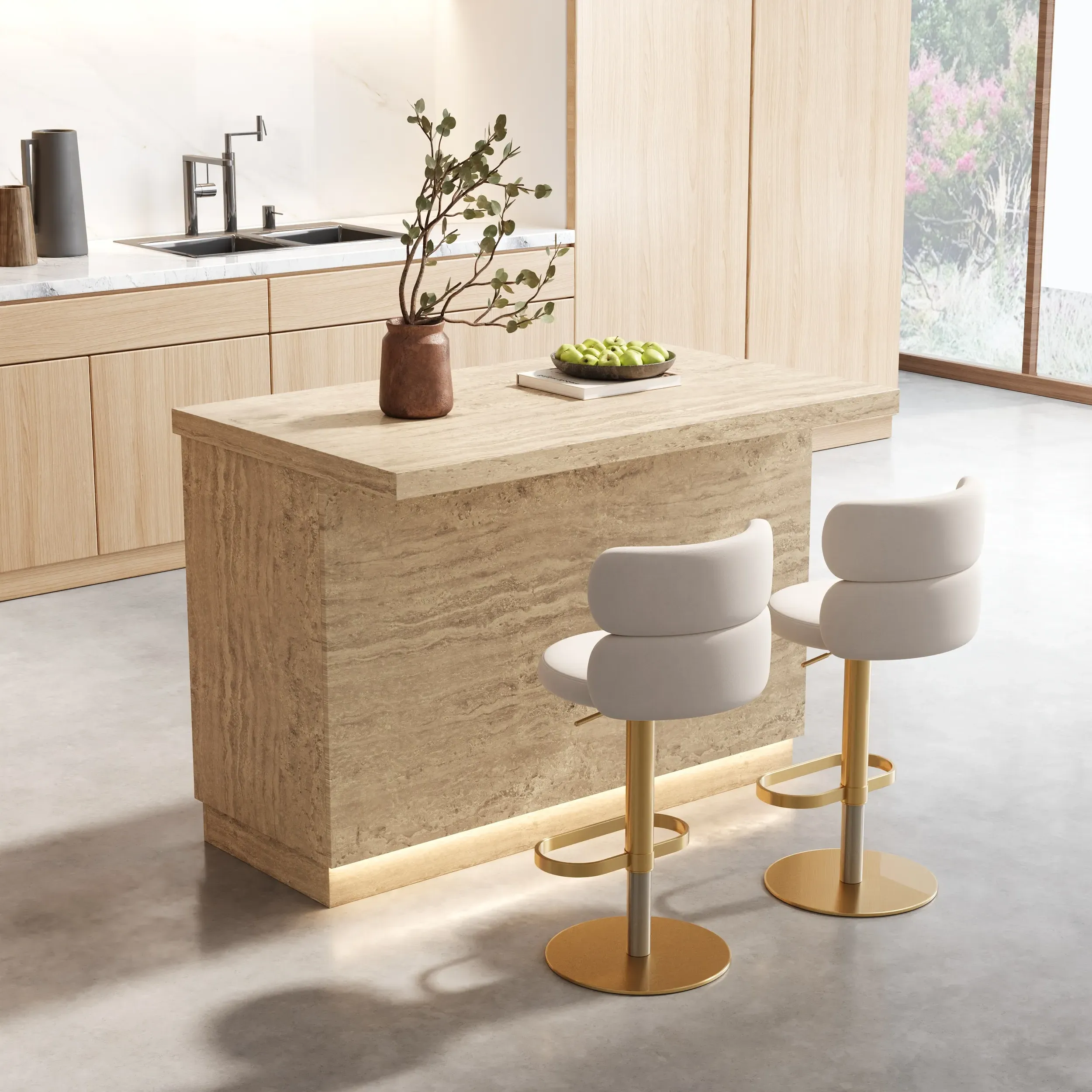 Japandi Kitchen Island with 2 Counter Stools & Storage - Matte Travertine, Wood product